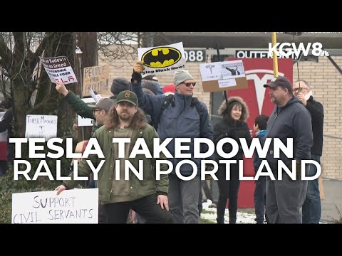 Demonstrators hold &#039;Tesla Takedown&#039; protest outside of Portland dealership