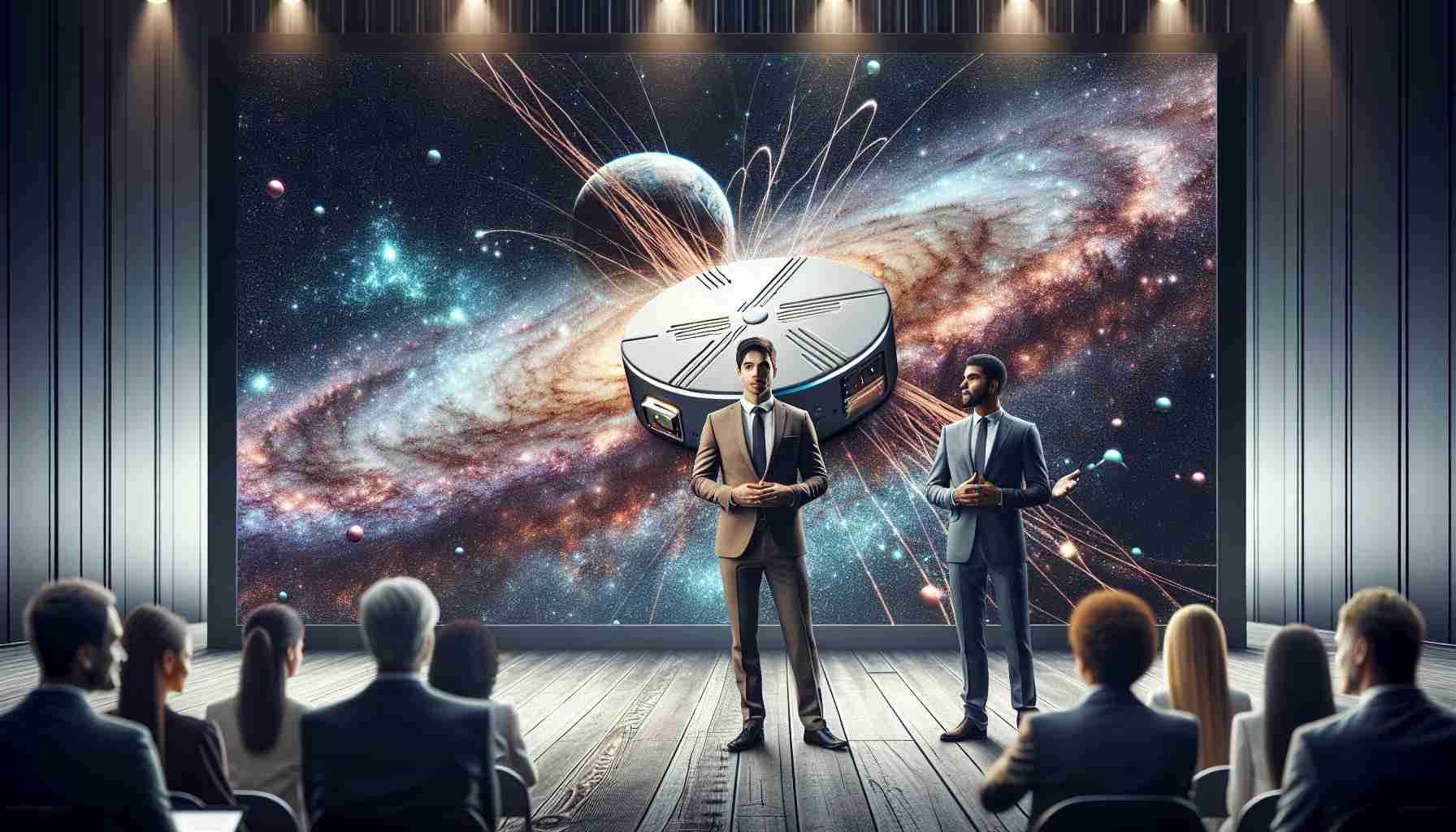 Generate a realistic high-definition image of a fictional space company unveiling their new compact internet solutions. Imagine a massive screen backdrop featuring the galaxy and the product, named 'StellarLink Mini'. In the foreground, we see company representatives – a Middle-Eastern man in a well-fitted suit and a Hispanic female in a smart, casual attire – enthusiastically presenting it. The product itself could be imagined as a small, sleek, advanced piece of technology that uses space-based infrastructure to provide internet access.