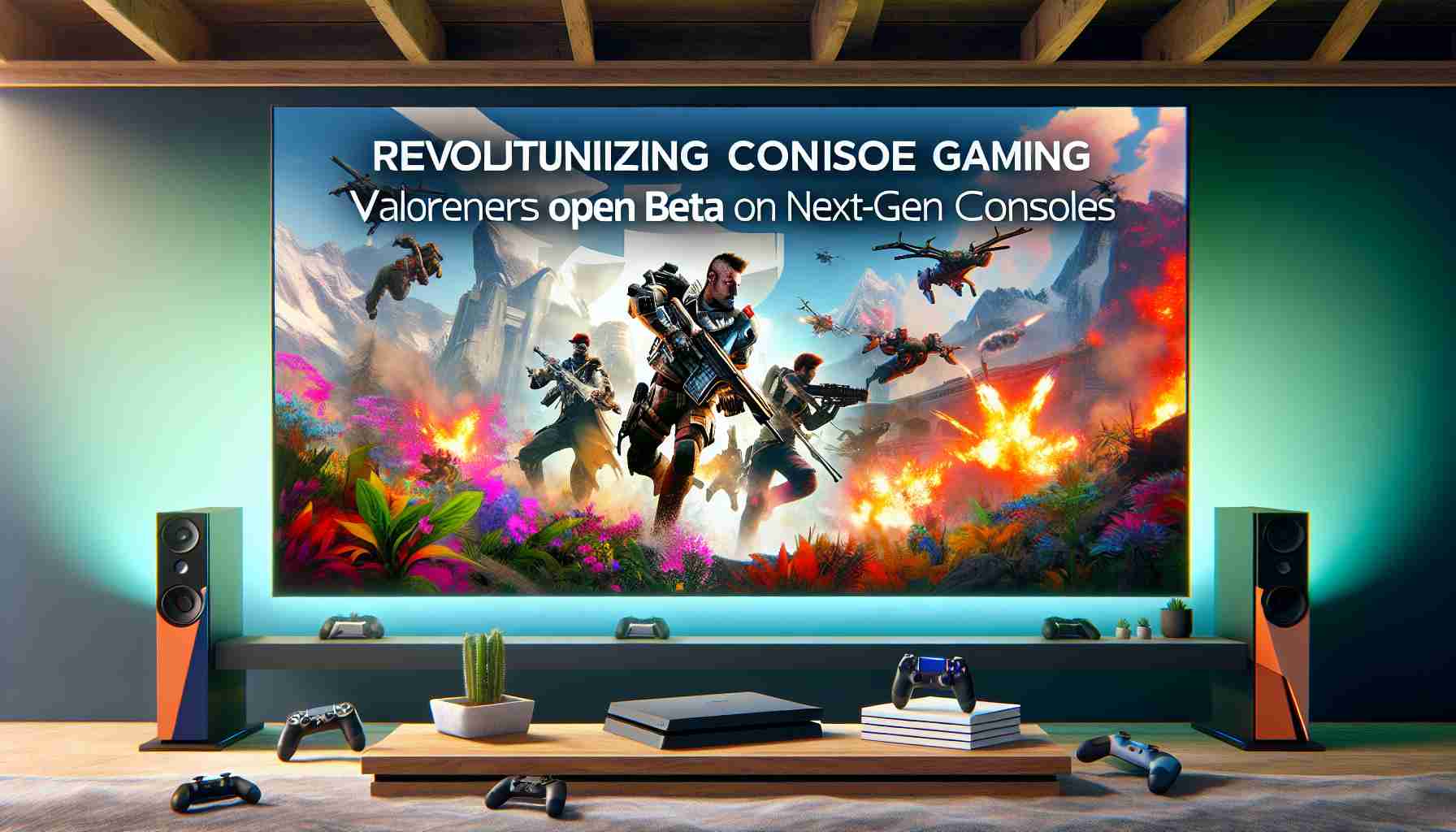 A high-resolution, realistic image depicting the groundbreaking moment of a celebrated online multiplayer first-person shooter game transitioning into open beta on next-gen gaming consoles. The scene can show the colorful visual aesthetics of the game's character designs, different landscapes and action sequences, combined with sleek, modern designs of the next-gen gaming consoles. The words 'Revolutionizing Console Gaming: Valorant Enters Open Beta on Next-Gen Consoles' are displayed prominently on the screen.