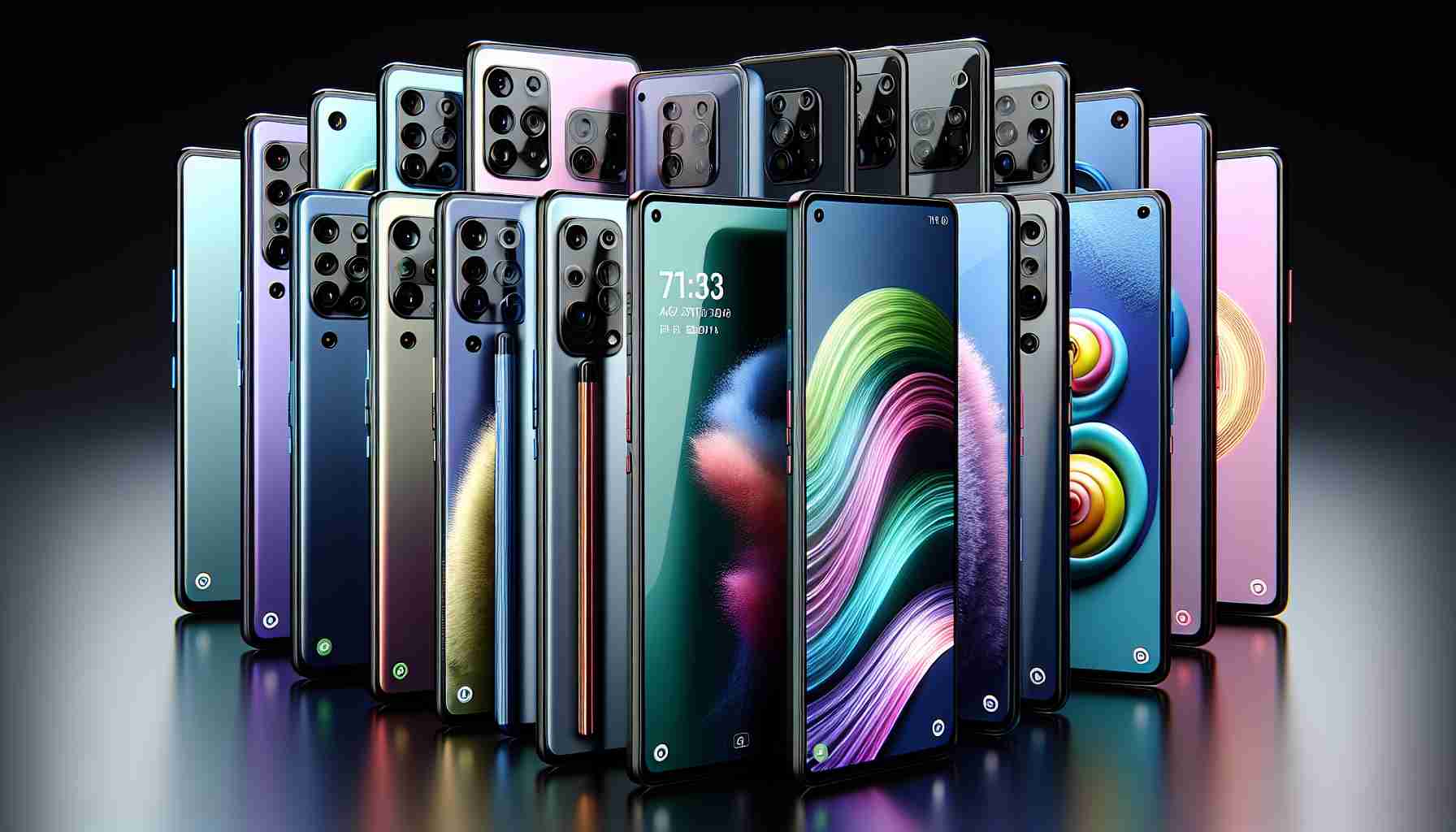 High-definition, realistic image of a smartphone series, featuring 17 different models. Each model showcases an exciting and varied color scheme, unique to each. The design details highlight a modern, sleek handset with sophisticated in-built technology. Elements such as a large, clear display screen, multiple high-resolution cameras, and streamlined body form are noticeable. Note: Avoid any specific branding of the smartphone.