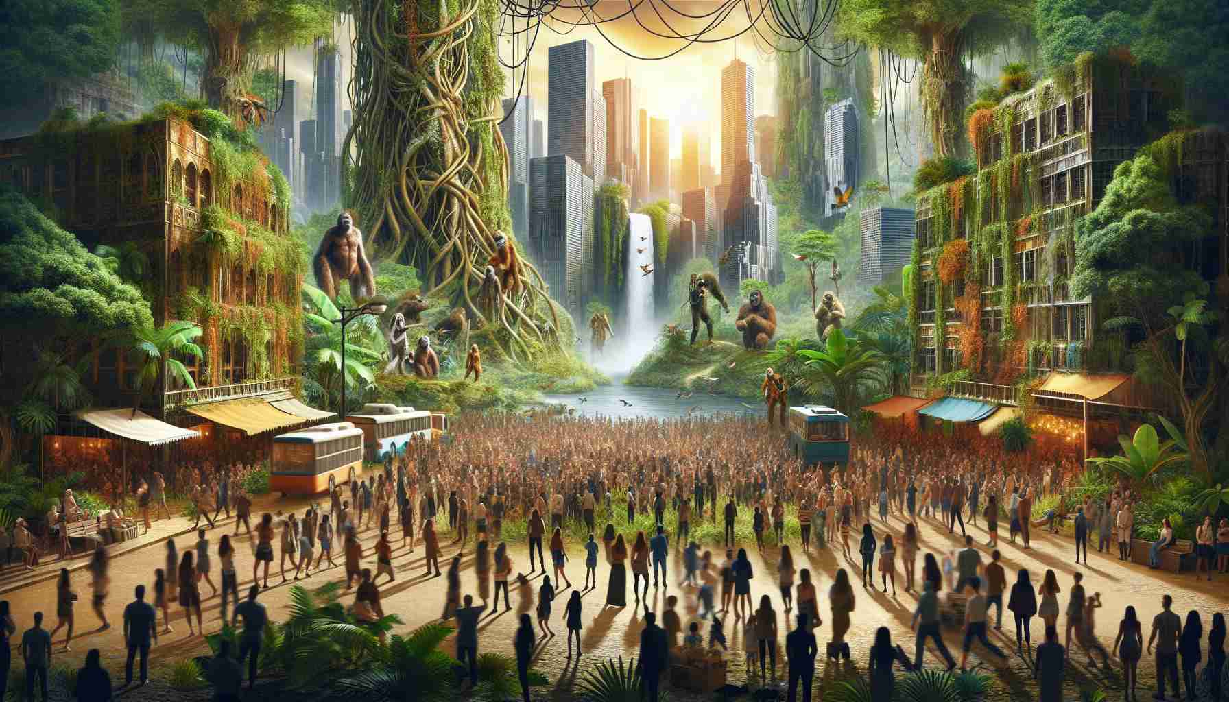 Generate a high-definition, realistic image depicting the enthusiastic anticipation around an upcoming adventure in a jungle situated within an urban environment. Display a dynamic, bustling cityscape juxtaposed with an imposing, adventurous jungle, replete with towering trees, tangled vines, and a variety of exotic wildlife. Include elements suggesting adventure such as a treasure map, an explorer's hat or a compass. Show crowds of diverse people from various descents including Caucasian, Hispanic, Black, Middle-Eastern, South Asian, and White, all with expressions of electrifying excitement, ready for the impending exploration. The scene should emanate an air of thrill and expectation.