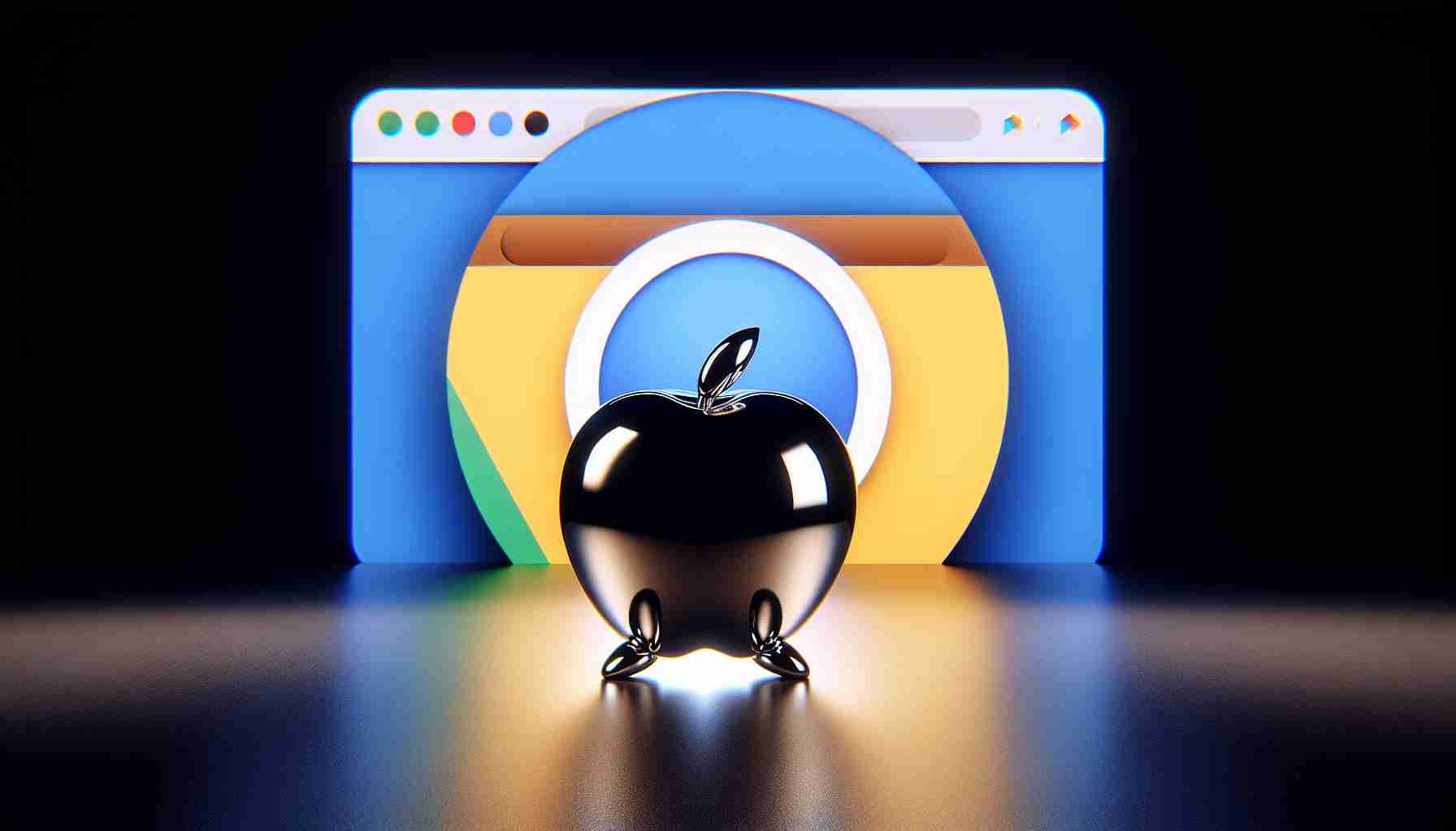 An image capturing the essence of a tech company's bold stance towards digital privacy, symbolised by a shiny, realistic apple standing firm against a chrome-color browser icon. The setting should be high-definition and realistic, possibly on a virtual stage or a digital platform. A tension-filled atmosphere is implied, signifying the competitive nature of this standoff.