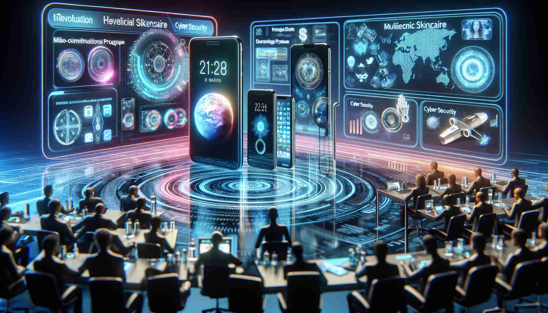 A realistic, high-definition image depicting the revolution of the mobile industry in the year 2024. It could include innovative smartphones with foldable screens, holographic displays, and advanced AI assistants. The scene can indicate rapid technological progress, with prototypes of futuristic phones and tablets. In the background, react to multiethnic skincare and cyber security technologies shown at a global tech exposition, representing the diversification and global reach of the mobile industry.