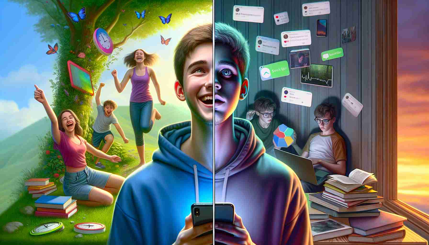 A high definition, realistic depiction illustrating the concept of the effect of social media on the mental health of young individuals. The image is split into two halves. On one side, show a young individual with a joyful expression, surrounded by books, nature and engaging in physical activities. The color scheme here should be vibrant and positive suggesting good health and happiness. Contrast this with the other side showing the same individual with a somber expression, in a dimly lit room with hours of screen time, drowned in notifications causing anxiety and stress. The color scheme here should be gloomy.