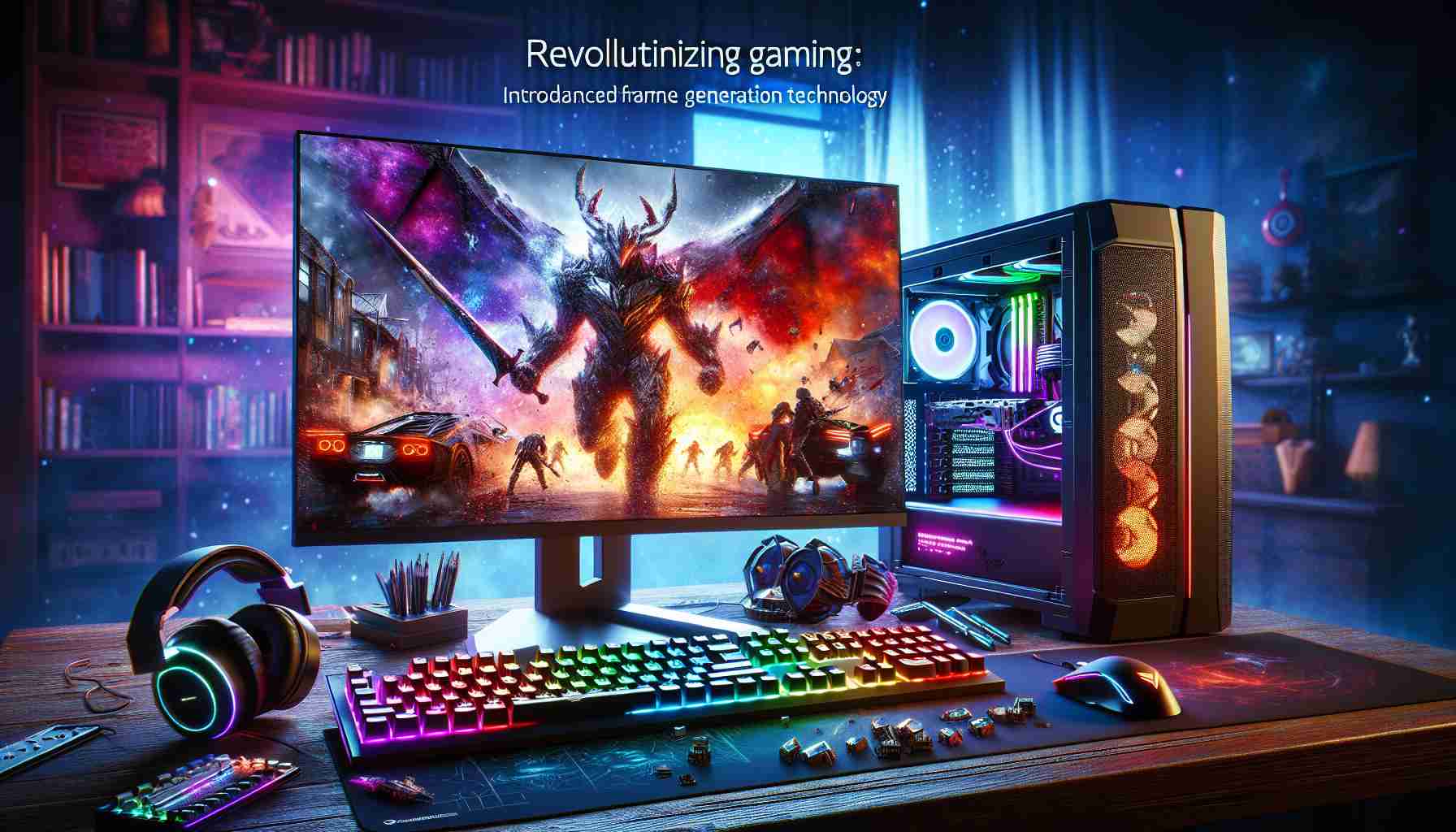 Generate a high-resolution, realistic image representing the concept of Revolutionizing Gaming: Introducing Enhanced Frame Generation Technology. The image should feature a vivid, advanced computer gaming setup with various components such as a high speed gaming monitor, RGB backlit keyboard and a high-performance gaming mouse. On the monitor's screen, a high-intensity action game is running smoothly without any lags or frame drops, showcasing improved frame rate due to enhanced frame generation technology. The overall image should evoke feelings of excitement and immersion, highlighting the revolution in the gaming industry brought on by this new technology.