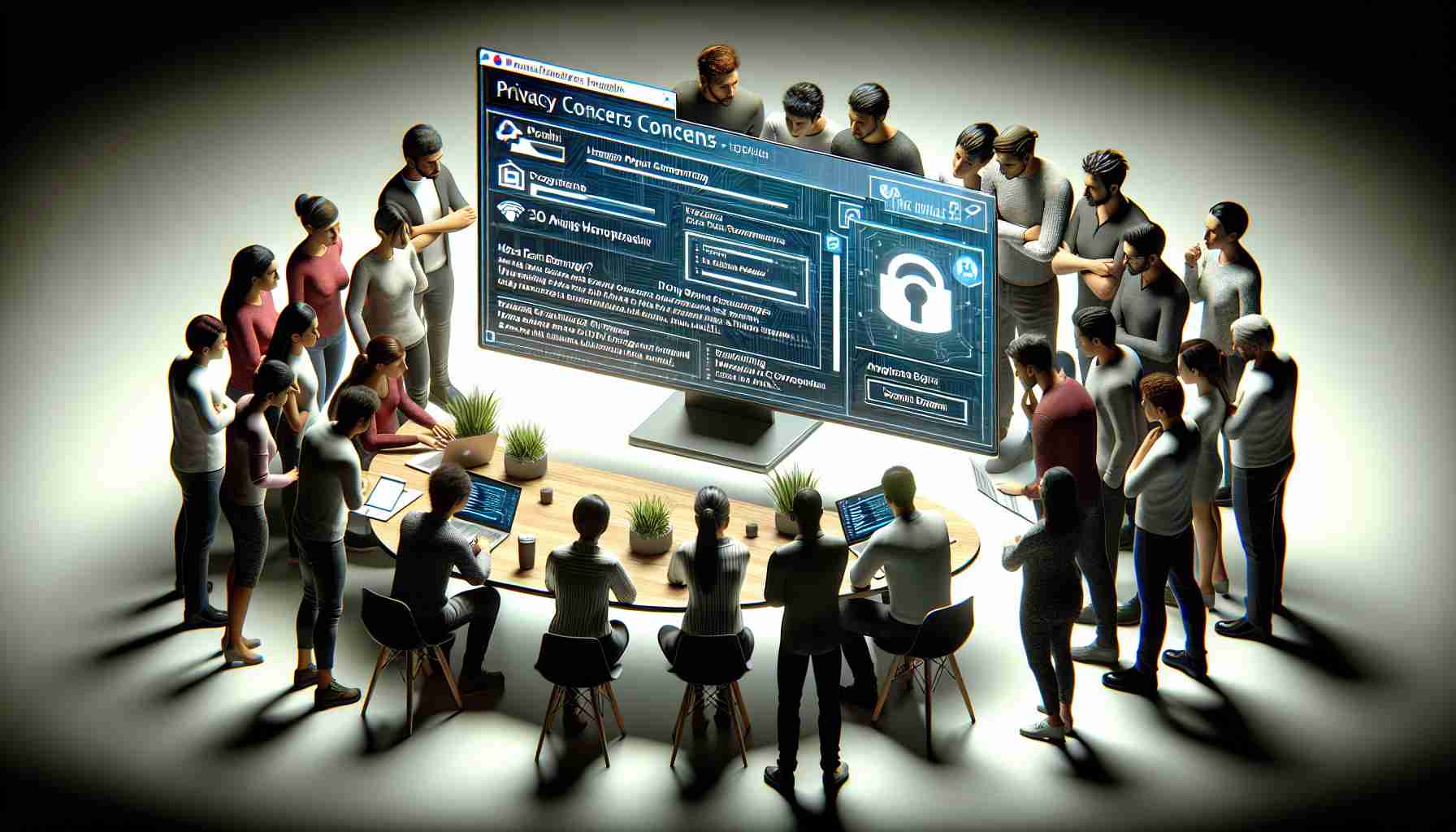 A detailed and realistic image depicting a group of tech enthusiasts engaged in a heated debate. They are grouped around a computer screen displaying the interface of a generic modern operating system, representing the latest technology. The topic on the screen is titled 'Privacy Concerns'. Use a variety of human figures to represent diversity, such as a South Asian woman, a Caucasian man, and a Middle-Eastern individual, to depict a broad representation of tech enthusiasts.