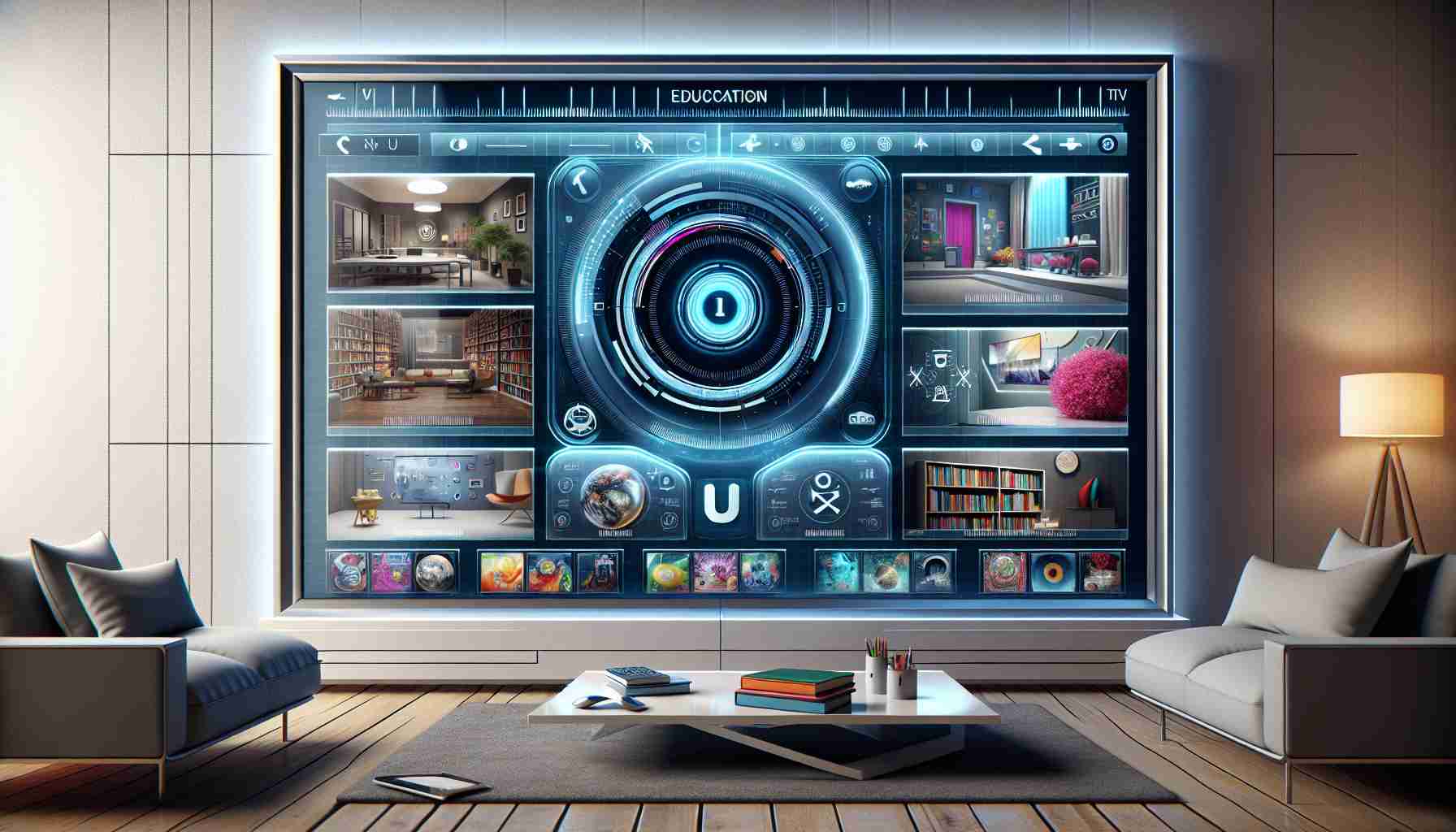 Imagine an ultra high-definition display showcasing an interface of a future education and entertainment system. The sleek screen of the advanced TV displays a variety of educational videos, interactive lessons, and entertainment shows. The dashboard is user-friendly, designed to facilitate easy access to learning materials. In the corners of the interface, you can see options for various subjects and creative games. The television is thin with an elegant silver frame. The image also depicts the interior of a modern living room, enhancing the visual appeal. Please note that the brand name is not used following the guidelines.