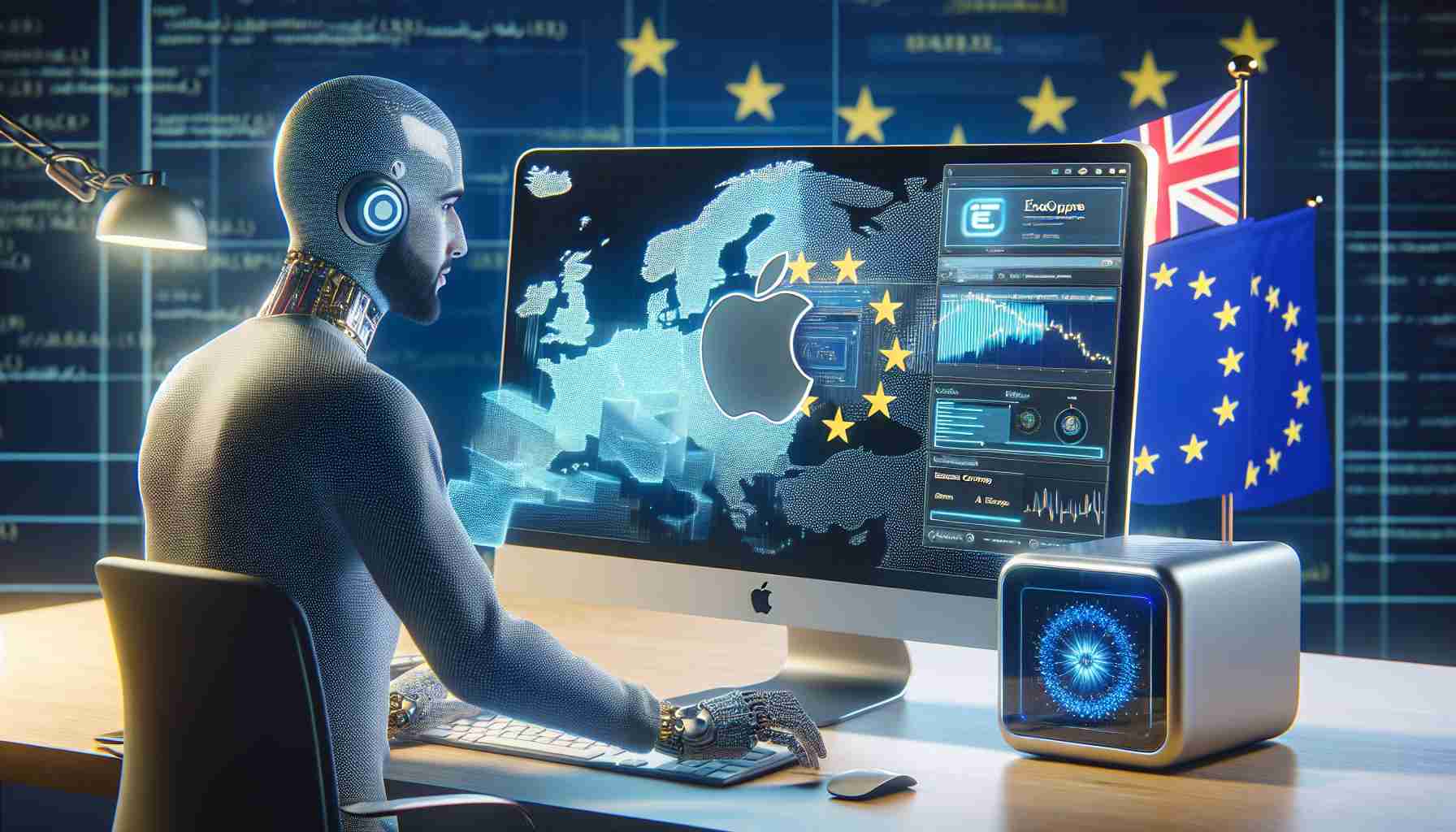 A realistic, high-quality image showing the concept of Apple Inc. expanding its AI capabilities to Mac users in the European Union. This could include a screen showing improved AI features on a Mac computer with an Apple logo, and a backdrop of a map or flag representing the EU. Nearby, a person of Middle-Eastern descent, possibly a software engineer, is interacting with the computer, demonstrating the new features.