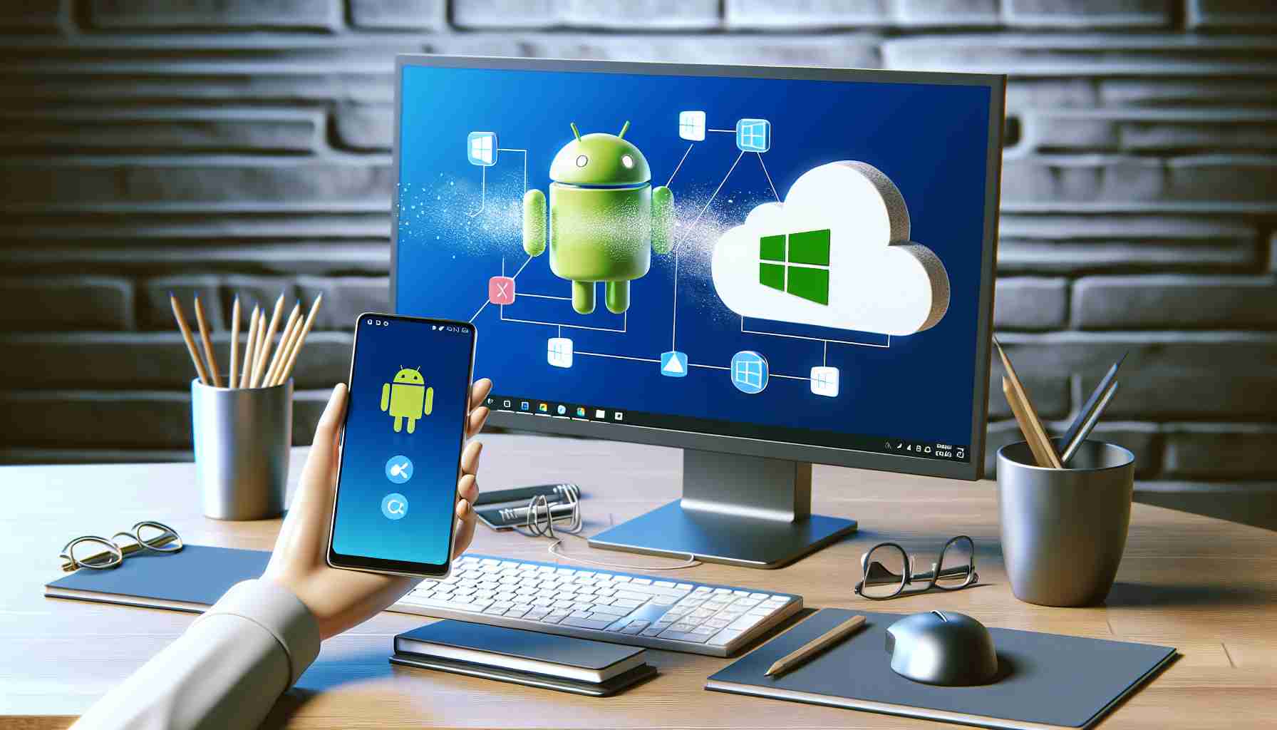 Generate a high-definition, realistic depiction of the enhanced compatibility between Android devices and Windows computers, specifically with the latest Windows 11 update. Illustrate a demonstrative scene where a user is seamlessly connecting their Android smartphone to a Windows 11 computer. The screen displays both interfaces communicating effectively, symbolizing the improved compatibility. The environment around these devices should represent a modern workspace setting, complete with a comfortable working desk, keyboard, mouse, a cup of coffee, and some stationery.