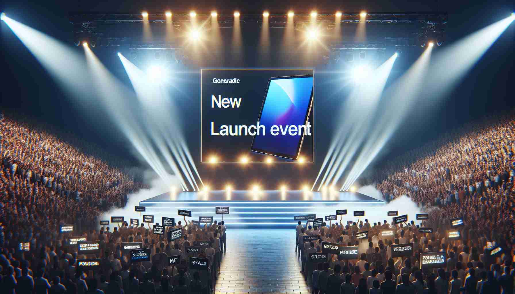 Create a photo-realistic, high-definition image showcasing a thrilling new launch event. The focus of the event should be a generic, unbranded tablet series that's stylish and cutting-edge. Portray an exciting atmosphere filled with eager crowds, brightly lit stage, and signs highlighting the features of the new tablet series.