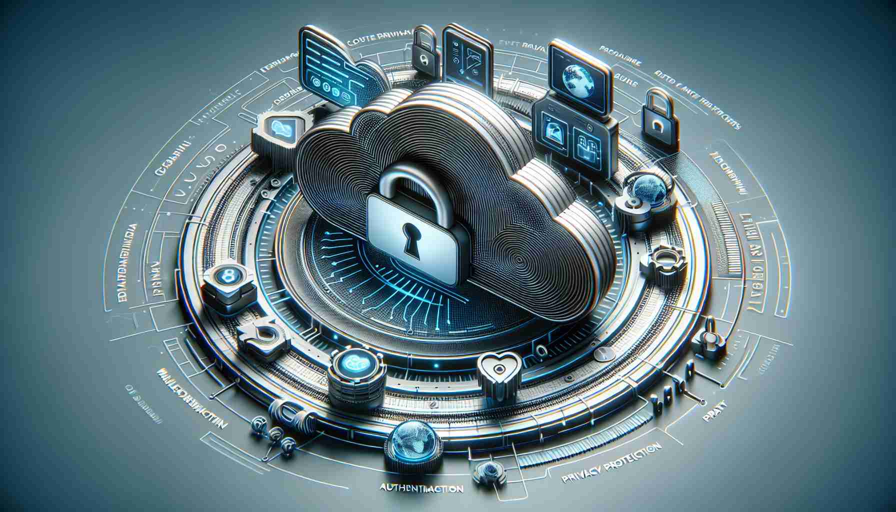 Generate a realistic high-definition visual representation that picturizes the advanced security features offered as part of a generic cloud-based software suite subscription. Include aspects such as multi-factor authentication, data encryption, privacy settings, and threat protection tools.