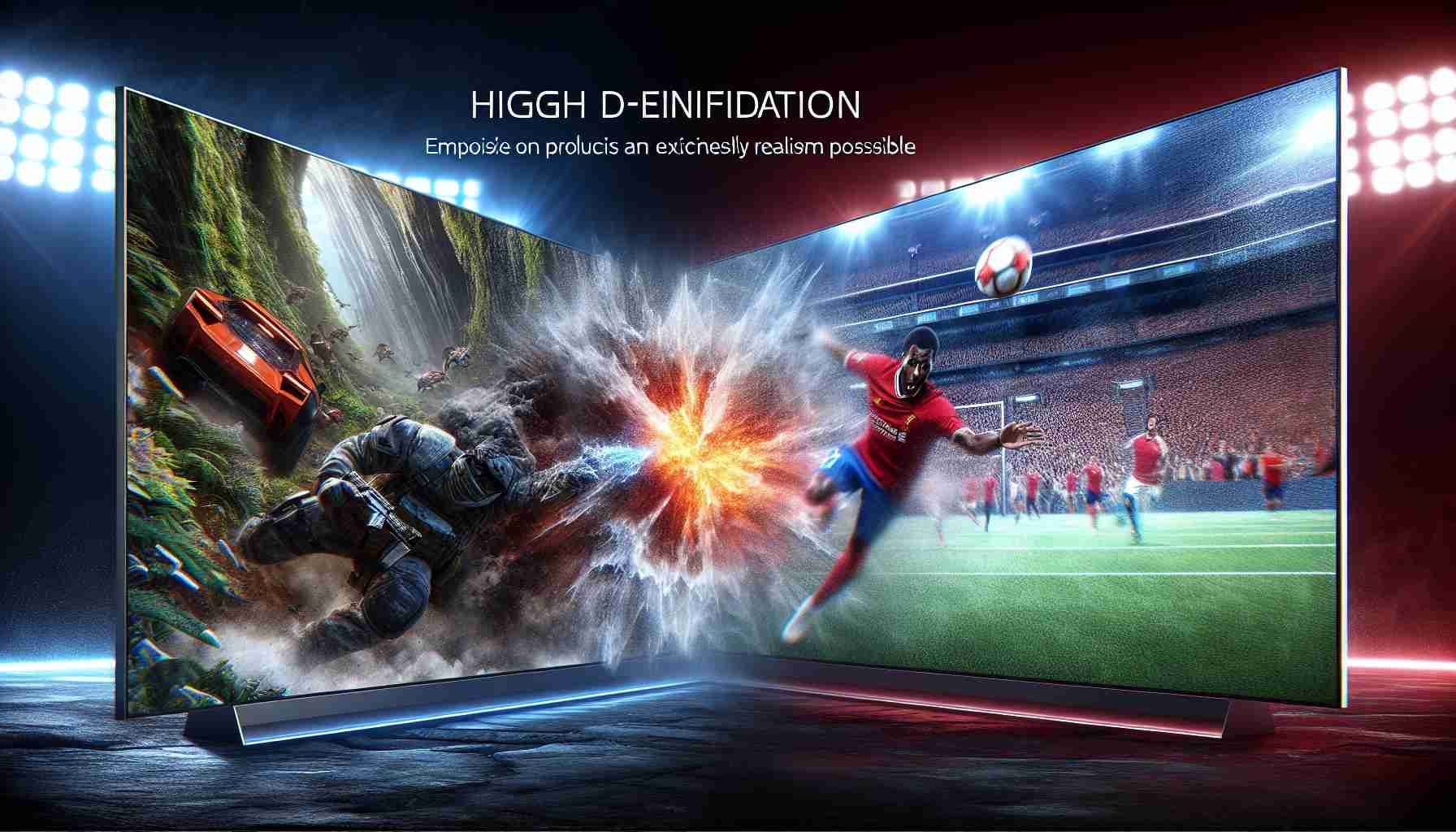 A detailed high definition photo of a massive 100-Inch television, made by a generic electronics company. The screen vividly displays an exciting gaming scene on one half, and an intense sports match on the other half, showcasing exceptionally crystal-clear visuals. Emphasize on producing the highest realism possible to portray an immersive experience like never before.