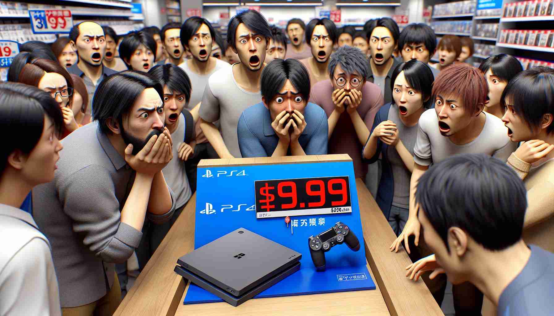 A realistic, high-definition depiction of a shocking price tag on a popular video game console in a store located in Japan. A crowd of consumers, including both men and women from various Asian descents, can be seen reacting with astonishment and disbelief.