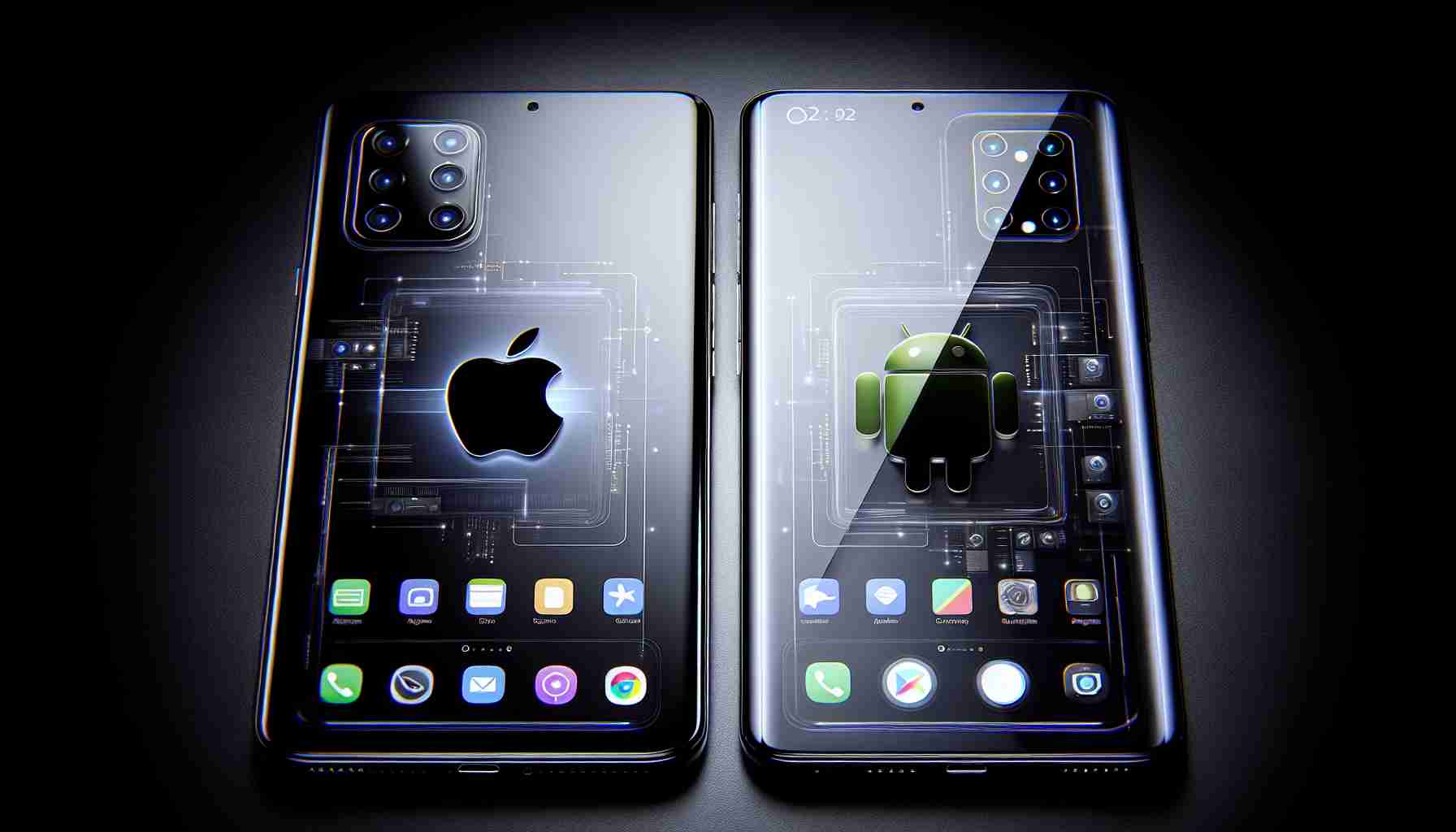 A realistic, high-definition image showcasing strict similarity and integration between two high-end futuristic smartphones, one representative of a popular Apple series and the other of a commonly-known Android series. Both devices have similar distinct design elements such as ultra-thin bezels, high-resolution display screens, advanced camera systems, and the implementation of edge-to-edge screen technology. The image conveys the concept of smartphone unification and the blurring lines in design and functionality between the two leading operating systems in the smartphone market.