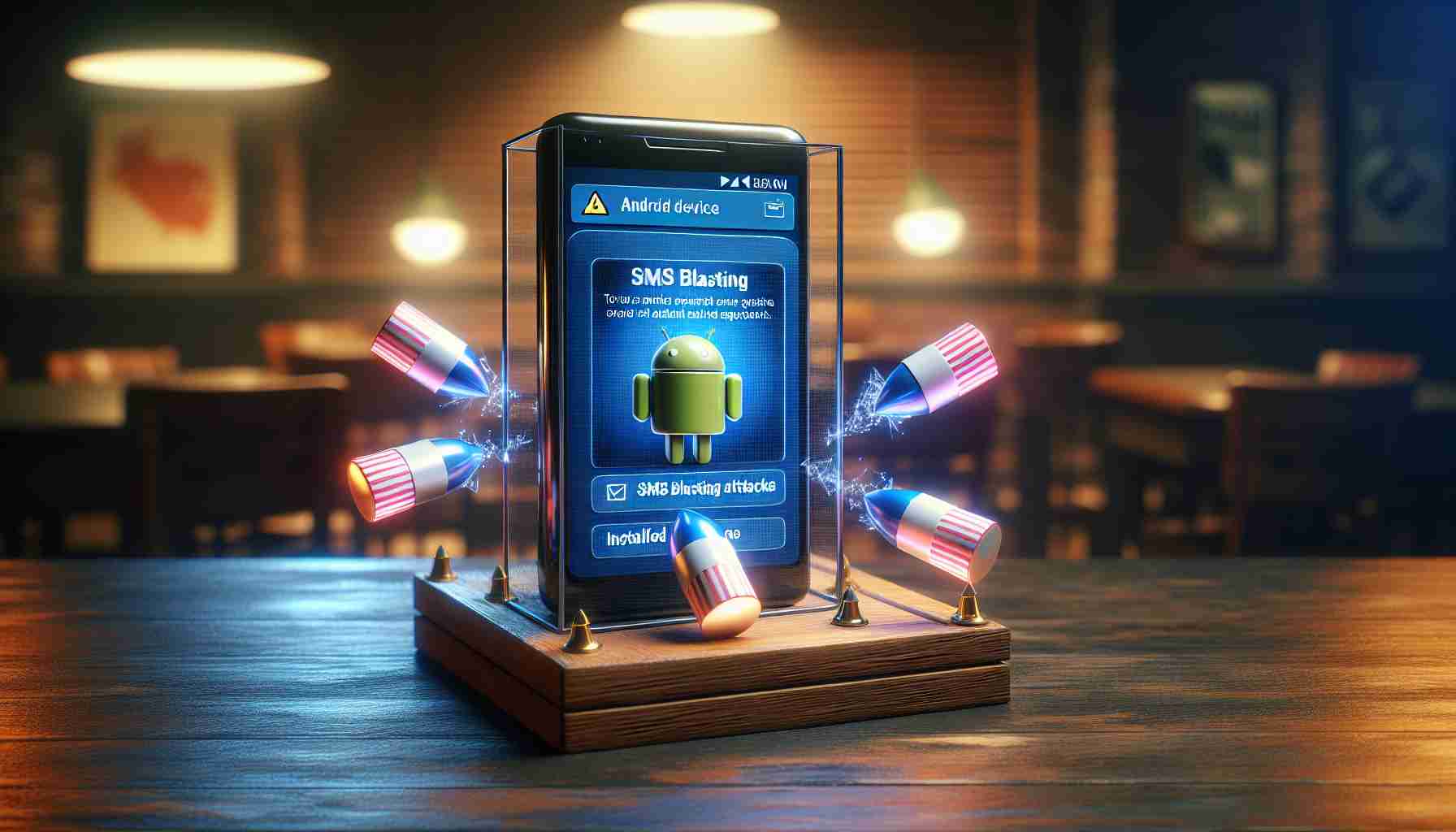 Create a realistic HD image of an Android device, perhaps placed on a table. On its screen, simulate an interface showing incoming multiple SMS messages, which represent SMS blasting attacks, and an installed security application that is actively blocking these attacks. The scene should convey the concept of protecting the Android device from such threats.