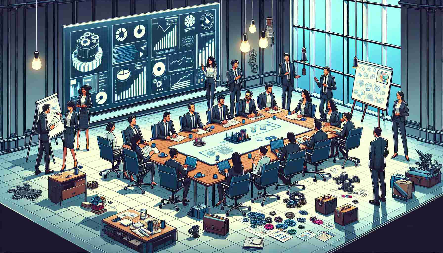 Illustration of an imagined business meeting taking place in a large and elegantly furnished office room, where a diverse group of executives are around a table. On their table are papers, laptops, and coffee mugs. They are engaged in a discussion representing strategic changes in workforce and partnerships. On the wall near them is a large monitor displaying bar graphs and pie charts hinting at analysis and strategy. Strewn across the room are various elements that suggest a video game development ambiance like concept art sketches, 3D printed game character models, and state-of-the-art gaming equipment.