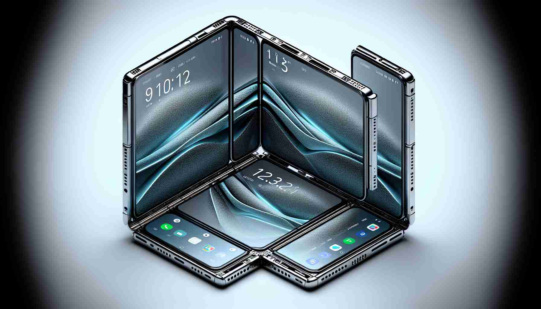 Generate a detailed, high-definition illustration of advanced foldable technology, specifically focussing on a triple-fold smartphone. This novel piece of technology is designed with three individual screens that fold seamlessly into one another. The body of the device is elegant yet robust, capable of being folded and unfolded countless times without cracking or losing its smooth texture. The bezels are minimal, ensuring a seamless visual experience across all three screens when unfolded. The phone operates efficiently, with a redesigned interface optimized for foldable screens. Its design is futuristic yet practical, speaking volumes about the evolution of mobile technology.