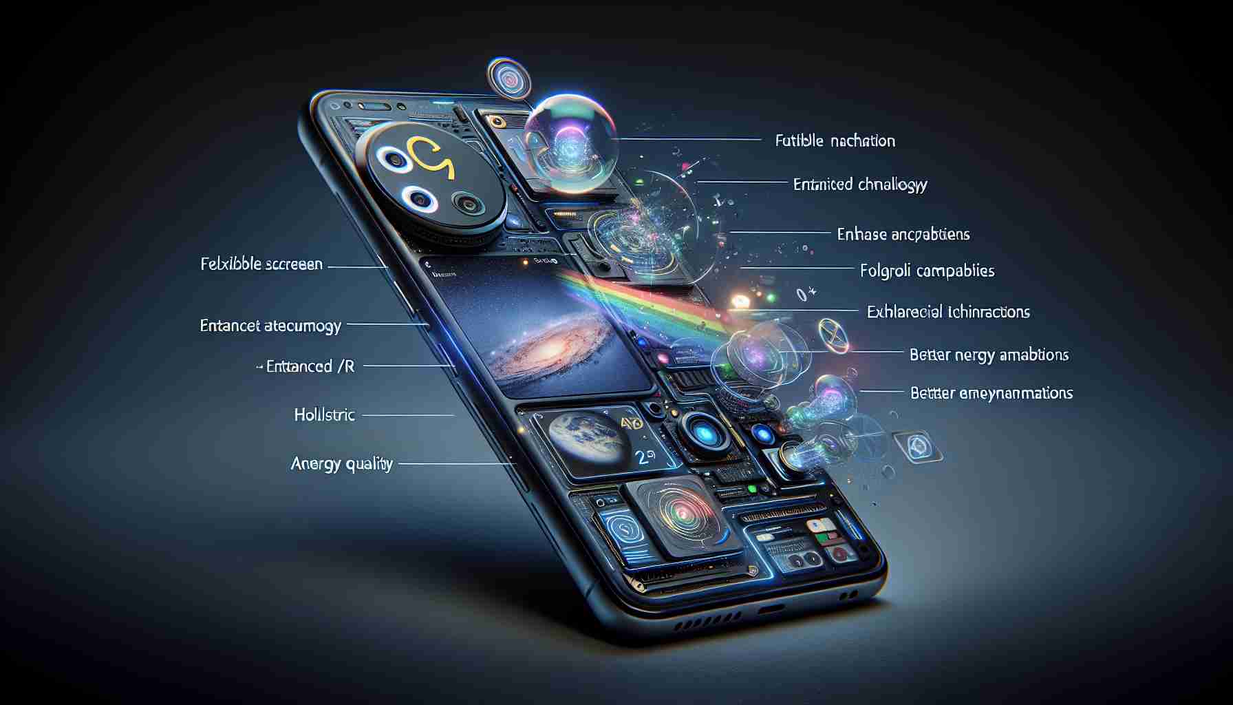 An image portraying the advanced and imaginary features of smartphone technology beyond modern smartphones. Envision a device loaded with futuristic enhancements and richer interaction, slightly inspired by the Google Pixel 9 Pro but significantly more unique in terms of design and functionality. It should exhibit aspects such as flexible screen technology, enhanced AR/VR support, holographic capabilities, superior camera quality and better energy management solutions, all rendered in a realistic and high-definition quality.