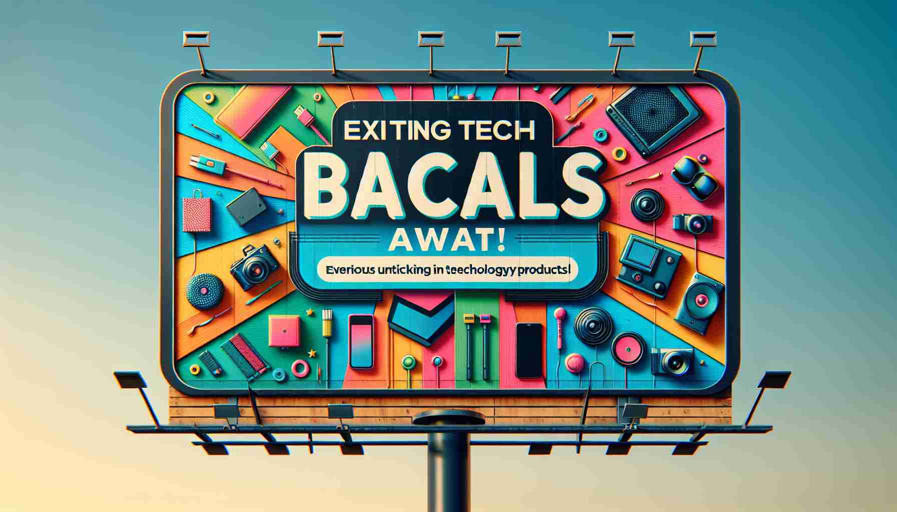 Generate a High Definition, realistic image of a large, brightly coloured billboard. It advertises numerous enticing bargains in technology products. The billboard should contain large letters that spell out 'Exciting Tech Deals Await!'