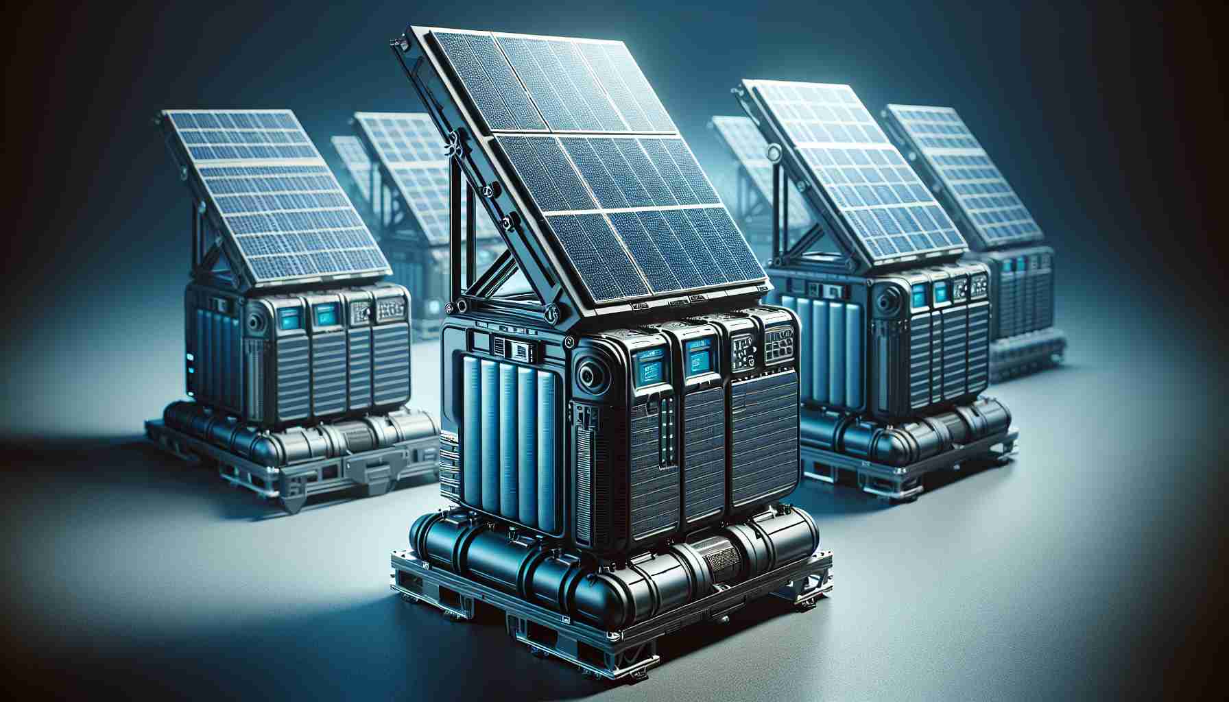 Generate a high-definition, realistic representation of revolutionary portable power stations, known as the SolarMax series. These should be compact yet robust, equipped with state-of-the-art technology. Their most defining feature is their ability to harness solar energy, symbolized by an array of solar panels mounted upon them. The design should suggest high efficiency, portability, and cutting-edge innovation. They might be situated in a variety of settings, such as a camping site or a backyard, to emphasize their portability and utility in outdoor scenarios.