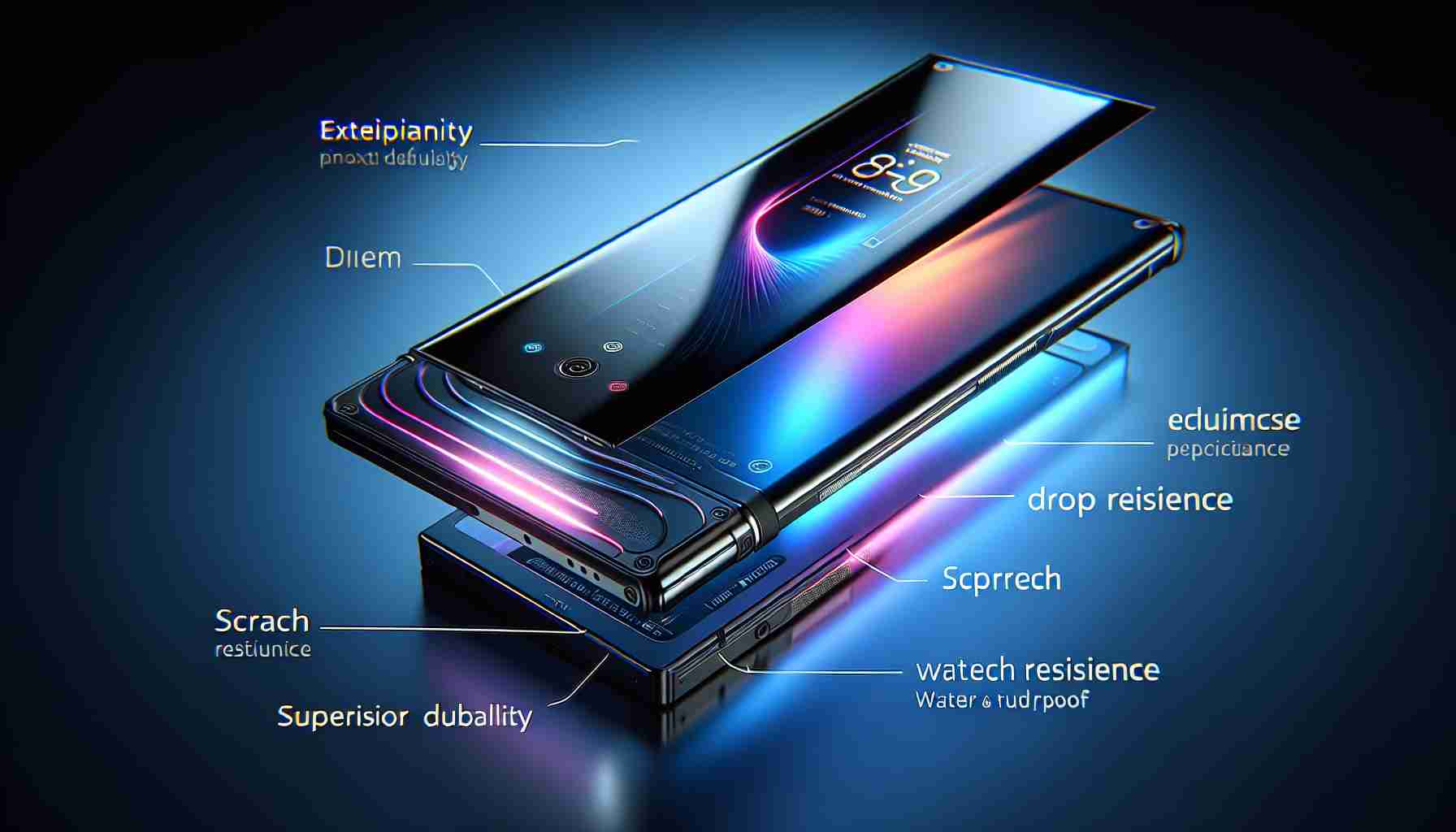 Show a realistic high-definition image of a futuristic smartphone, labeled as the '16 Pro Max', incorporating advanced durability features. The device exhibits a sleek design, with a lustrous metallic body, a vibrant display with minimized bezels, and a sophisticated camera system on the rear. Emphasize that the phone seems robust yet elegant, hinting at advanced durability specifications like superior drop resistance, scratch resilience, and water and dust proof capabilities.