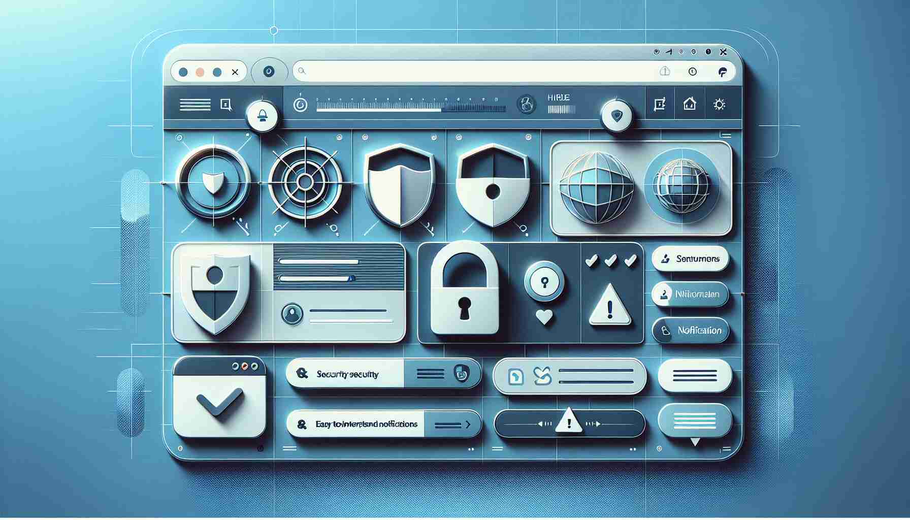 Create a realistic High-definition image of an updated web browser interface, showcasing enhanced security features and simplified notifications. It should illustrate a clean, intuitive design focusing on user security and easy-to-understand notifications. Elements should include shield or lock symbols indicating security enhancements, and minimalist, easy to interpret notification symbols. The color scheme could be soothing to the eyes, employing soft blues, grays, and whites common in many web interfaces. Please be mindful not to make any direct references to specific copyrighted web browsers.