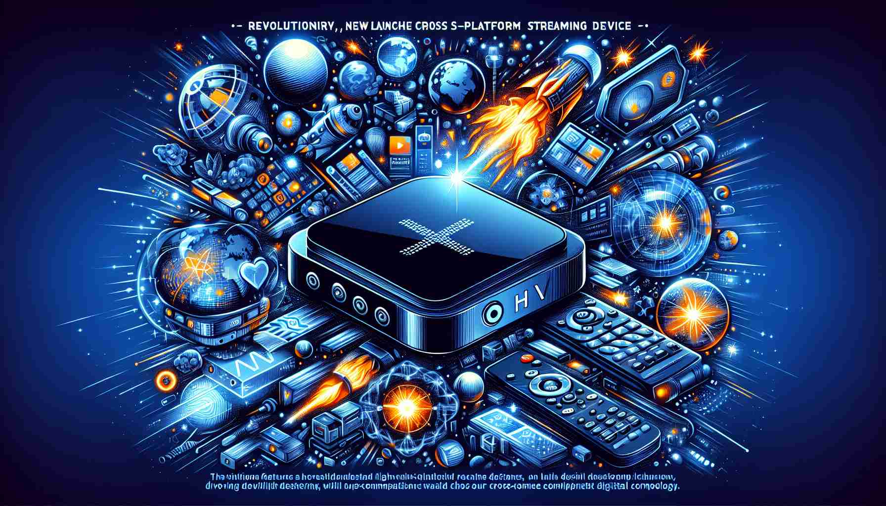 High definition illustration of a revolutionary, newly launched cross-platform streaming device, developed by a major technology corporation. The design should reflect cutting-edge features delivering high-quality content across various digital platforms, and should ideally showcase aspects that highlight its cross-compatibility. The visual should create a sense of excitement and revolution in the sphere of digital streaming technology, promising optimized user-experience and streamlined content delivery.