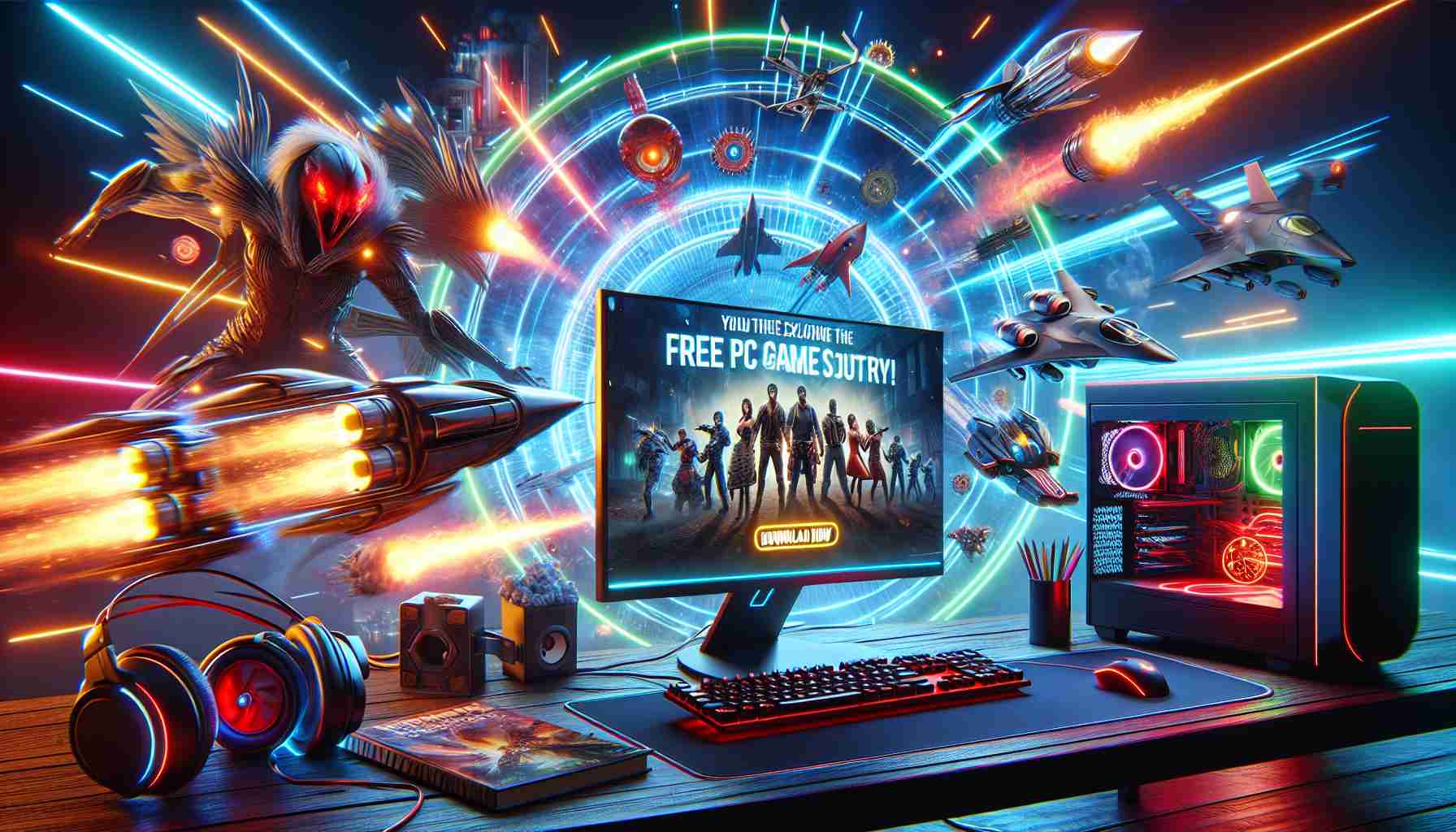 A realistic, high-definition visual representation of the thrilling journey of exploring exciting and free PC games that are must-try. The scene includes various game icons, a powerful computer setup with eye-catching neon lights, the rush of excitement from finding a great game, and the satisfaction of clicking the 'download now' button.