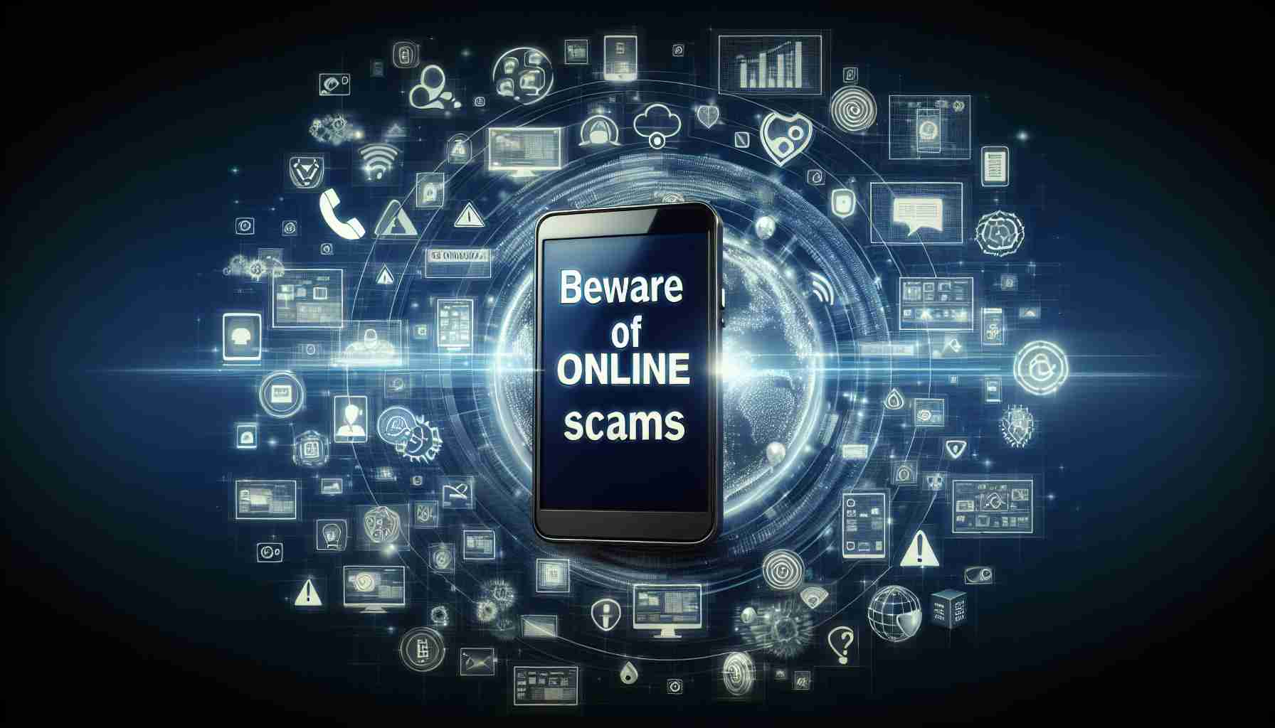 A realistic, high-definition image displaying a cautionary message for 'Beware of Online Scams' with a backdrop hinting towards widespread excitement for the release of a highly anticipated new smartphone. The background contains visual elements suggesting modern telecommunications technology, such as smartphones, data connectivity icons, and technology-based emojis, yet not directly referencing any specific brand. The text 'Beware of Online Scams' should be prominently featured, making it clear this is an alert for heightened cybersecurity concerns during the launch phase of a popular new gadget.