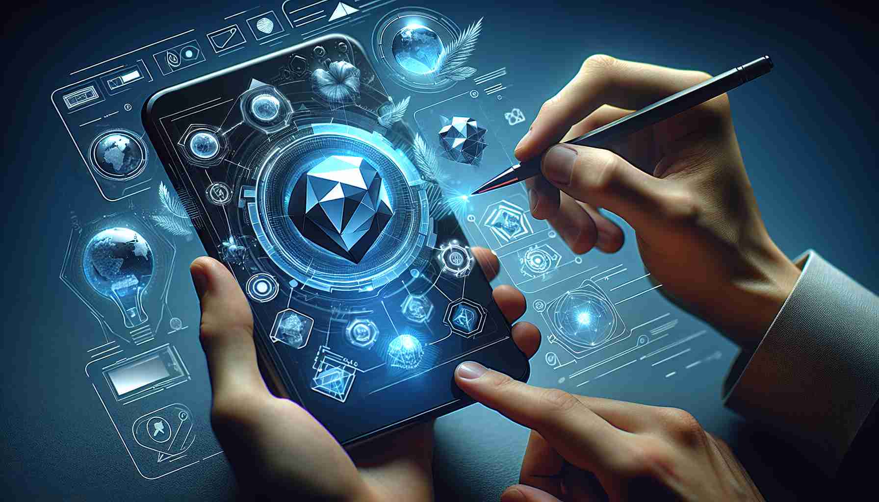 Create a crystal clear, high-quality image illustrating a bold and innovative conceptual design, characterized by unique stylistics elements and innovative features. This concept should be representative of a futuristic mobile operating system interface.