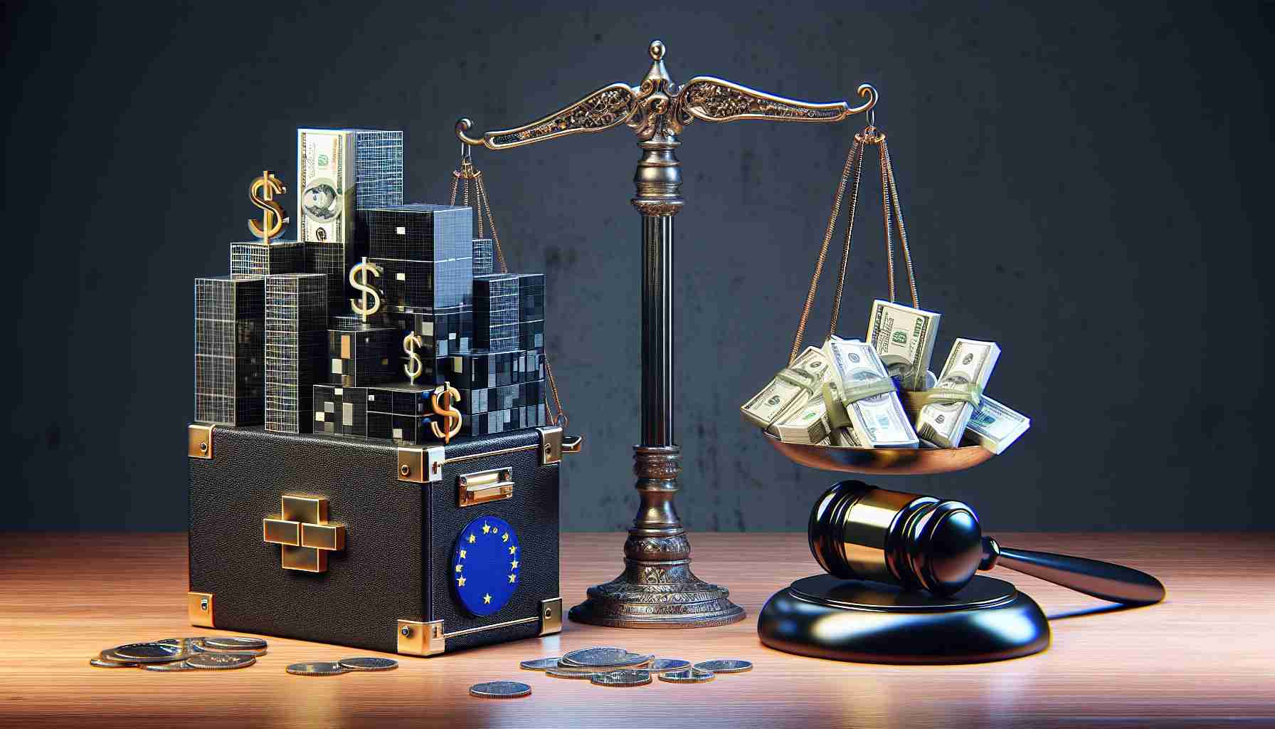 A high-definition, photorealistic image depicting the concept of a large tech company being fined $2.7 billion by the European Union for monopoly-like practices. The image might include symbolic representations like a scale symbolizing justice, a briefcase full of money, or a gavel to indicate judgement.