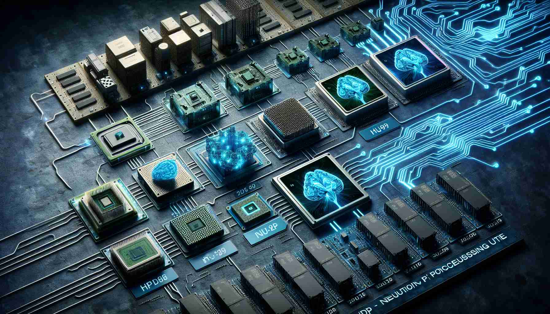 An HD image showing the evolution of NPU (Neural Processing Unit) technology in modern computing. The image should illustrate a timeline from the early stages of its development to how it is implemented in today's computing systems. The timeline should be visually represented with key events or breakthroughs, surrounded by circuit boards or computing devices that make use of NPUs. Please exclude any specific brands or companies.