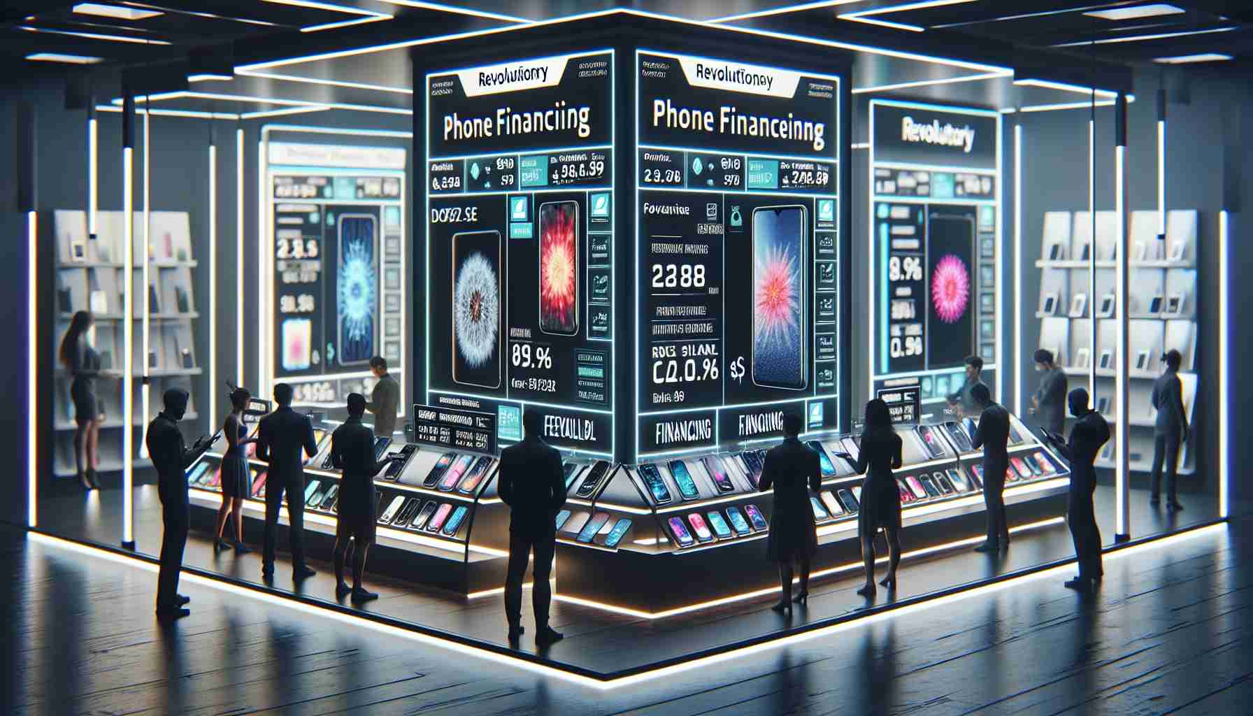 An ultra-high definition realistic image depicting an array of 'Revolutionary Phone Financing Options' being offered at a futuristic technology store named 'TechWave'. The scene might show bright, modern displays of various state-of-the-art smartphones with price tags and financing information clearly shown both on the display and on an information board. Optionally, include some customers of various descents, including Caucasian, Asian, and Black, exploring the options and consulting with store assistants of different genders.