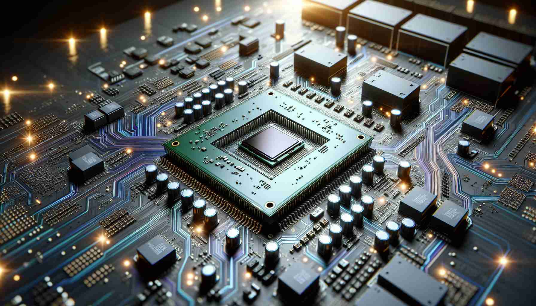 Generate a hyper-realistic, high definition image showcasing a new mid-range chipset. The chipset is the latest product unveiled by a prominent technology company. Highlight the multitude of components that make up the chipset, including the processor, RAM, and integrated graphics. Illuminate details such as traces, solder joints, and intricate circuit patterns. Background should imply a product launch event with bright lights and visible excitement.