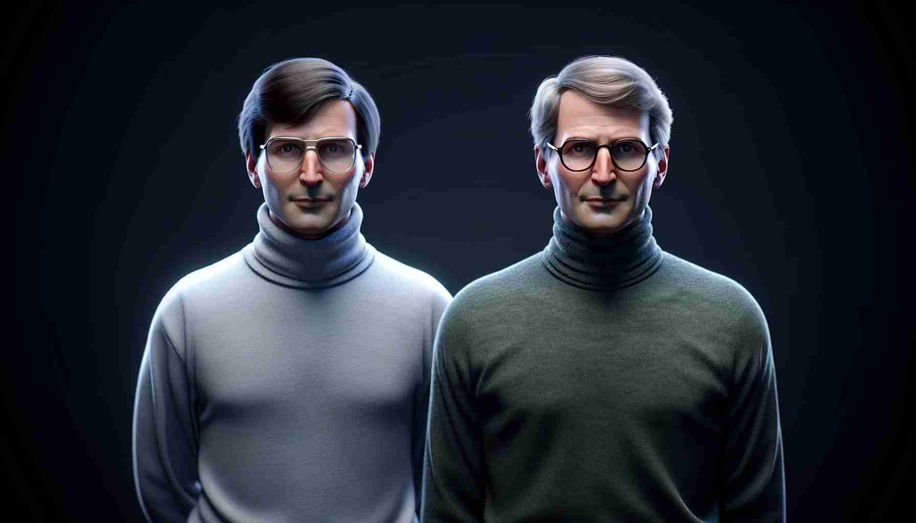 A high-definition, lifelike image depicting the progression of two iconic figures in the technological world. One has a penchant for turtleneck sweaters and rimless glasses, and is standing on the left, while the other, a bit younger, with round glasses and often casually dressed, is standing on the right. The scene unfolds through different years, highlighting their evolving styles and the development of the technology industry.