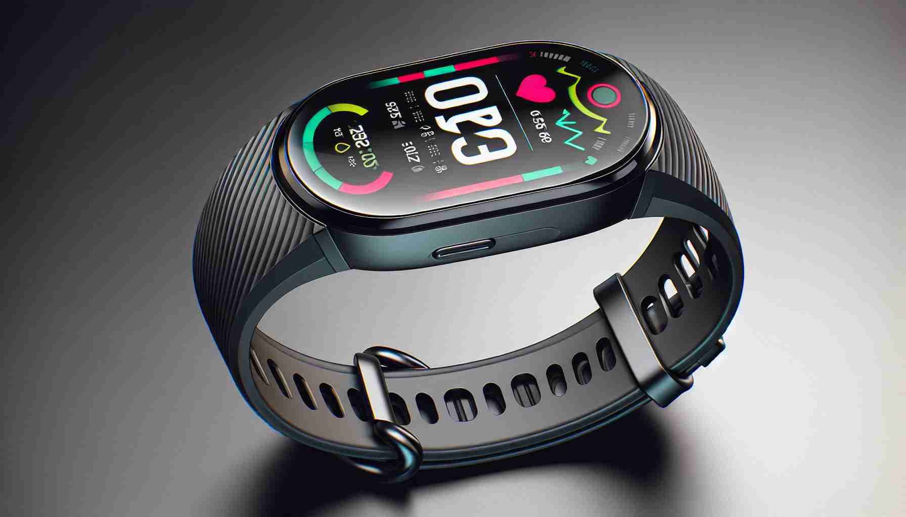 Detailed and realistic high definition image of a contemporary fitness tracker. The device features advanced technology, boasting a sleek and modern design. Its face is adorned with a vibrant LCD display, showcasing various health parameters such as heart rate, steps count, and sleep cycle. It's designed by a prestigious and anonymous technology company, known for its progressive innovation in the tech industry. The image unveils this product as their latest release, emphasizing its unique and sophisticated features along with an ergonomic strap moulded for a comfortable wear.