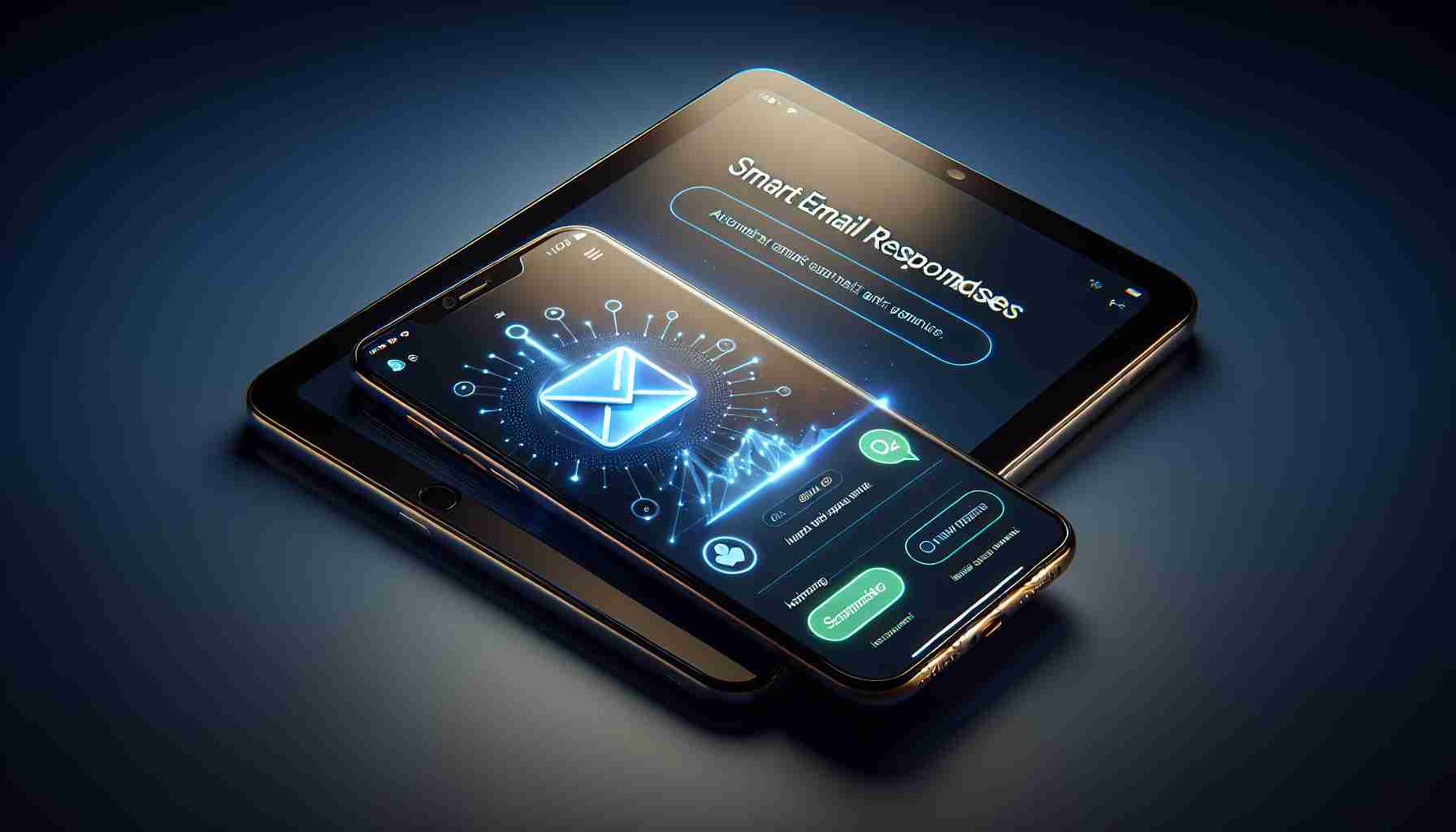 A high definition, realistic image depicting the concept of smart email responses. This should display an Android device and an iOS device side by side. On the screens, the email application with automated, smart responses should be visible. The Android and iOS devices should look modern and cutting-edge, with both devices showcasing a visually innovative design. This is supposed to represent the latest advancement in email technology introduced by a tech giant company.