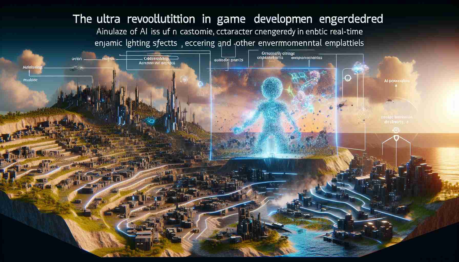 An ultra high definition image showcasing the revolution in game development engendered by AI-powered engines. The scene should include 3D models of complex terrains and characters being autonomously created. Also, visualize the use of AI in real-time dynamic lighting effects, weather systems, and other environmental details. An overlay on the image provides illustrative graphics to highlight the areas where AI is making an impact, such as improved texture detail, realistic character movements, and natural environmental complexities.