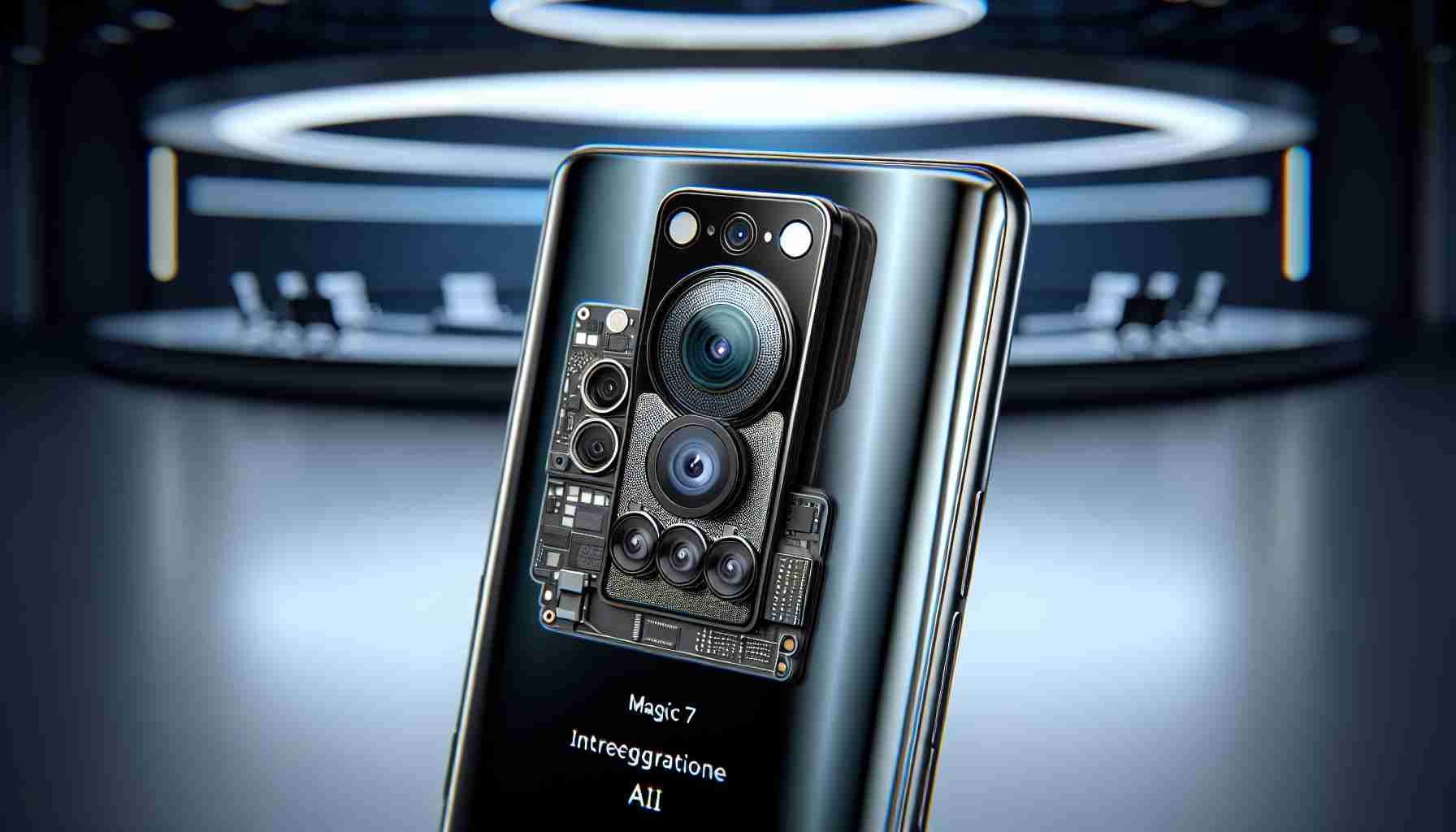 Create a stunning high-definition image of an AI-integrated camera represented in a yet-to-be-released smartphone model part of the Magic 7 Series. The phone's design is sleek with a modern aesthetic, featuring glossy glass back and metallic edges. The camera module, in particular, is highlighted. It might include multiple lenses arranged innovatively and meticulously. Please ensure to highlight the integration of artificial intelligence technology into the camera equipment, perhaps depicted through visual symbols, animations, or decals denoting AI. The background can be a sleek demonstration hall to lend an air of sophistication and anticipation usually associated with product unveilings.