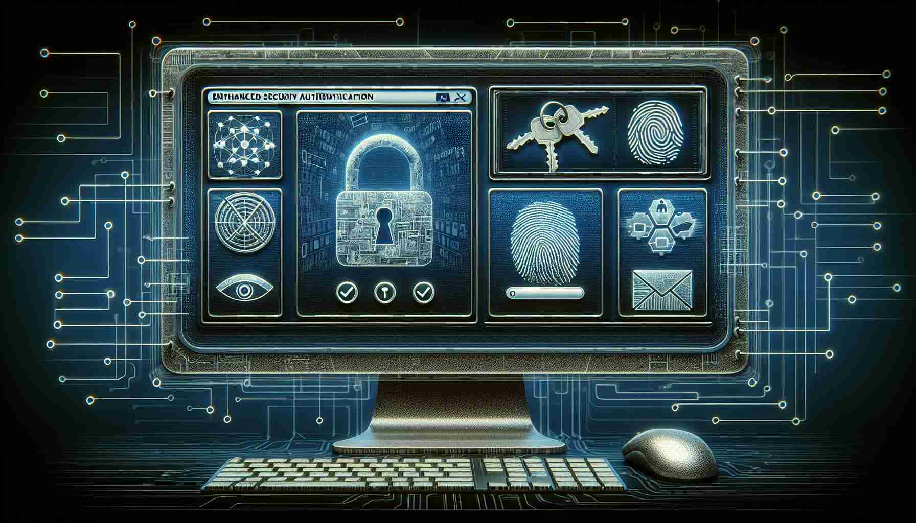 Highly detailed and realistic image representing enhanced security measures for an email service. Imagine a computer screen displaying an interface of an email account with symbols signifying multi-factor authentication, such as secure keys, biometric scans, and encrypted password fields. Further, visualise a protected digital envelope indicating secure email communication.