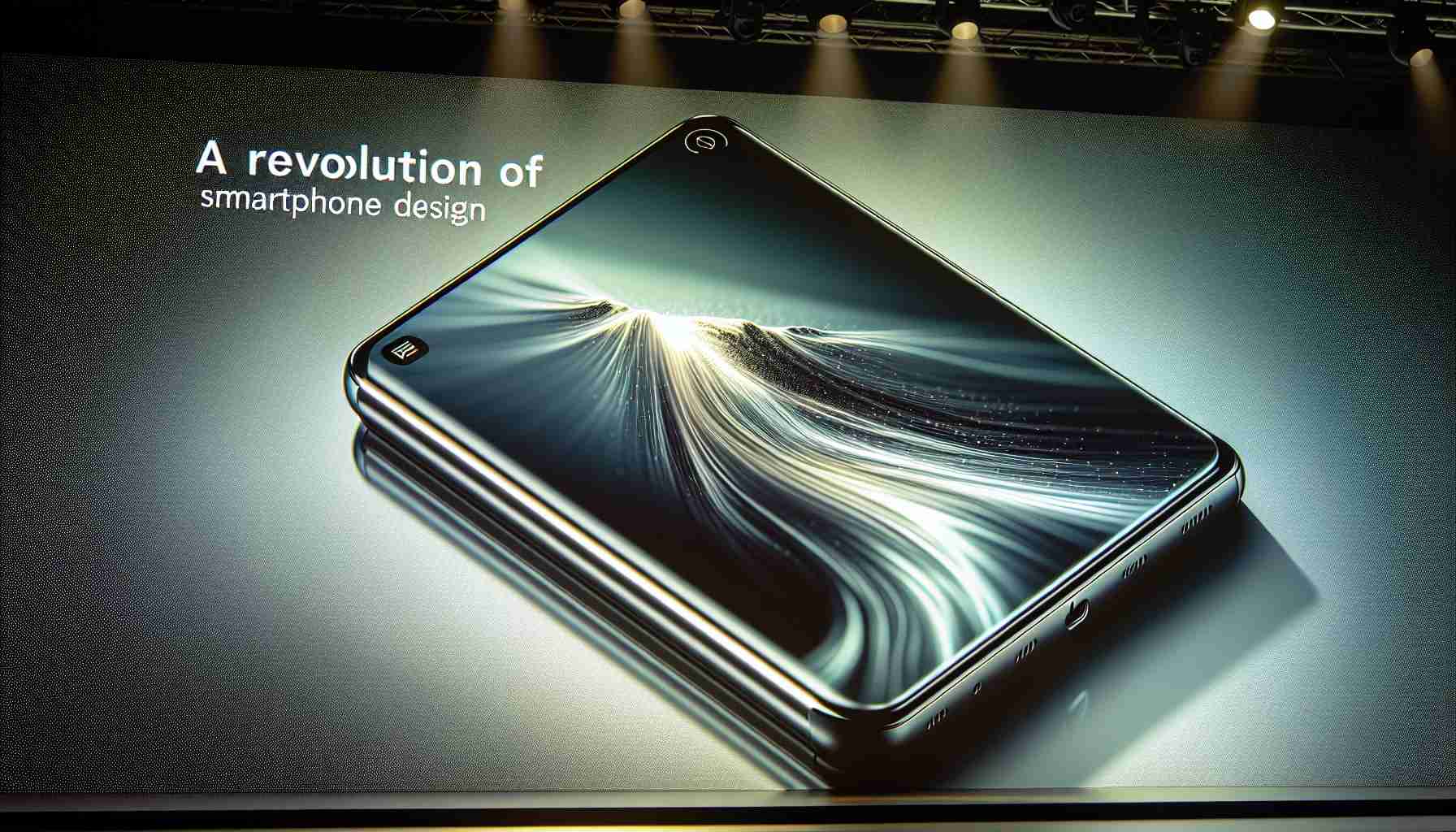 A close-up, high-definition image of the launch event for a groundbreaking new smartphone. The device features a sleek, modern design with an edge-to-edge screen and a cutting-edge processor inside. The banner in the background proudly announces, 'A Revolution in Smartphone Design'.