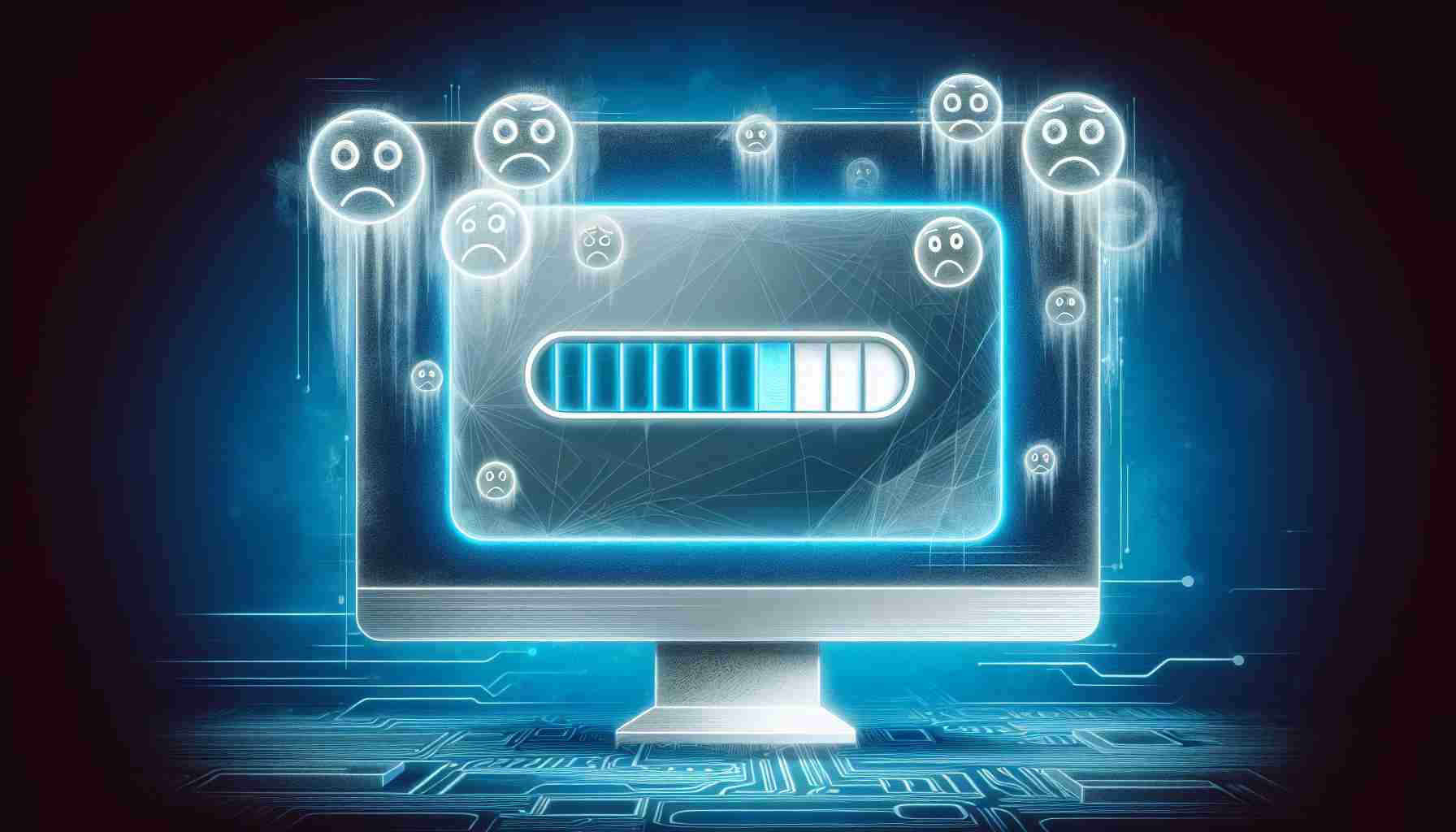 An image depicting an abstract concept: significant concerns of users causing a delay in the release of a new version of a popular operating system. This is represented by a progress bar on a computer screen indicating an update for the operating system, but it's frozen and there's a translucent layer over it portraying worried faces.