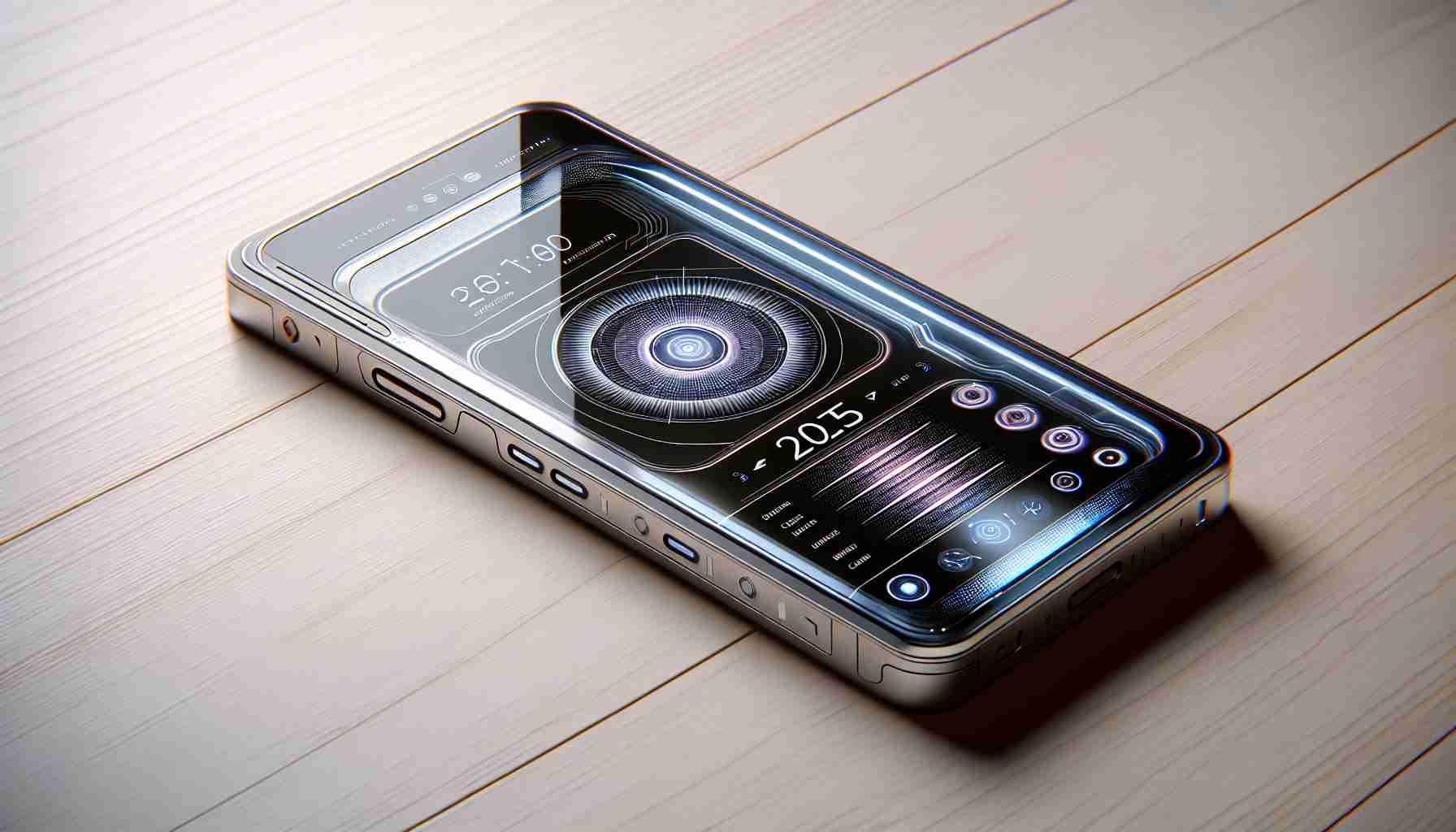 Create a high-definition, realistic image of a sleek, future concept smartphone. The design is based on 2025 predictions, with advanced technology features like edge-to-edge transparent display, AI-powered interface, innovative camera system, wireless charging and futuristic metallic body. The phone is lying on a light wooden table.