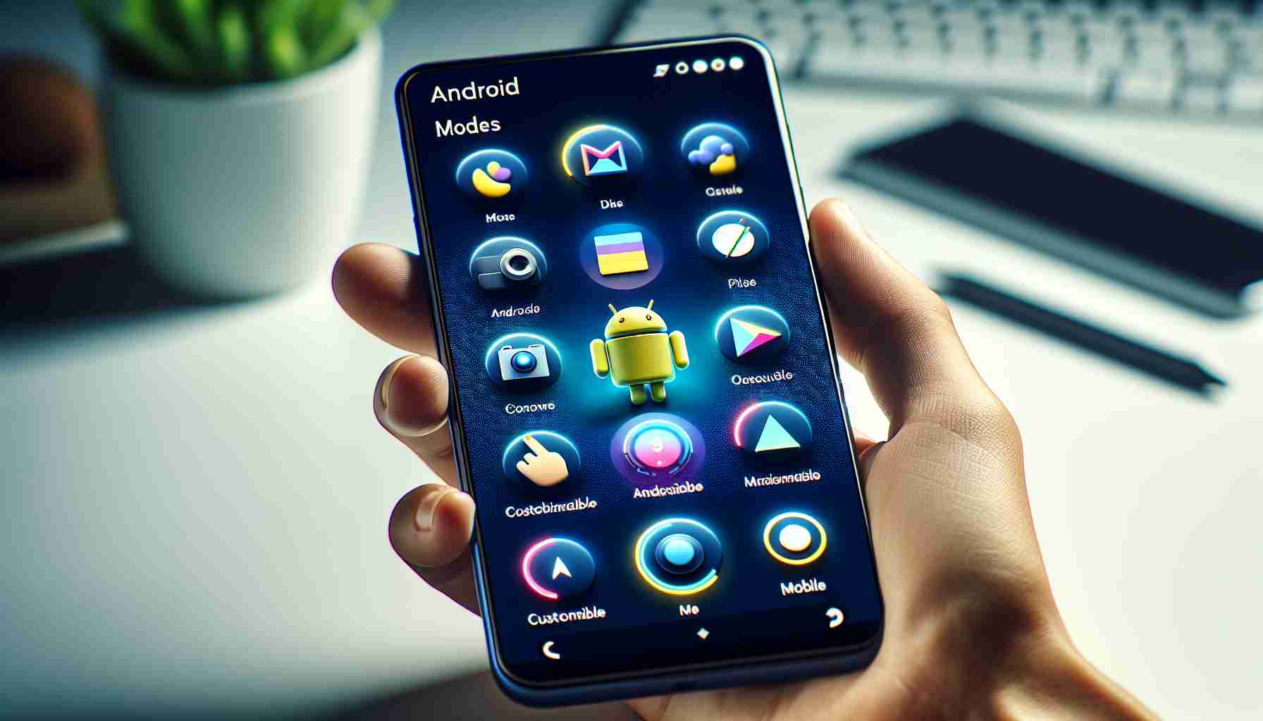 Visualize a high-definition, realistic representation of an updated Android interface on a mobile screen. The focus should be on the experience of users with customizable modes. Showcase a variety of these modes as icons on the Android 16 system. Highlight the seamless and intuitive navigation and depict a user interacting with the device efficiently.