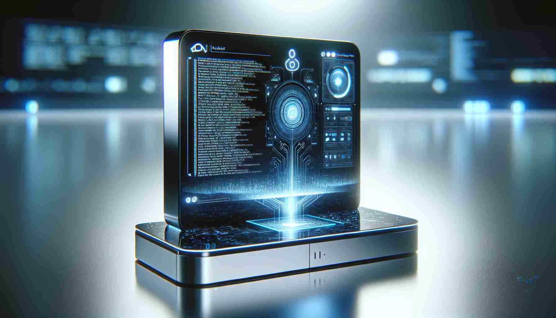 A high-definition, photorealistic picture illustrating a technology firm's breakthrough in artificial intelligence which drastically changes how communication is handled. This monumental innovation might be depicted as a sleek and state-of-the-art device, possibly a smartphone or a tablet, featuring an advanced user interface. The interface shows a voice-recognition software capable of understanding complex human language and commands, thus streamlining communication. The code in the background could signify the advanced AI algorithms powering the device. The device stands on a glossy white table, reflecting the audacious light from the surroundings, symbolizing the bright future brought by this technology.