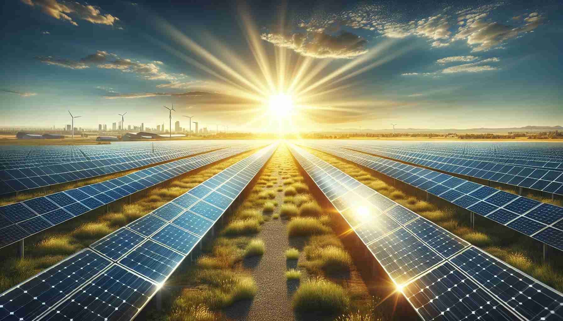 A realistic, high-definition image showcasing the bright future of solar energy. The scene includes vast fields filled with sleek, modern solar panels capturing the rays of the sun. Skies are clear, signifying an optimal environment for solar energy collection. In the far distance, a city is visible, symbolic of the countless homes and businesses that are powered by this renewable, clean energy source. Above it all, the sun shines brilliantly, its rays irradiating the solar panels, highlighting their absorption capacity and symbolizing the potent source of renewable energy.