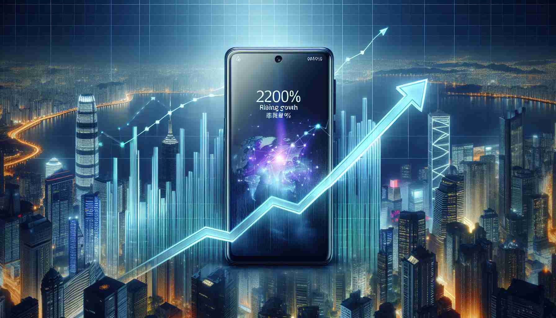 Generate a realistic high-definition image of the latest generation smartphone, shown against a backdrop of rapid market growth, symbolized by a 20% rising chart to illustrate the boom in sales in an Asian economic powerhouse.