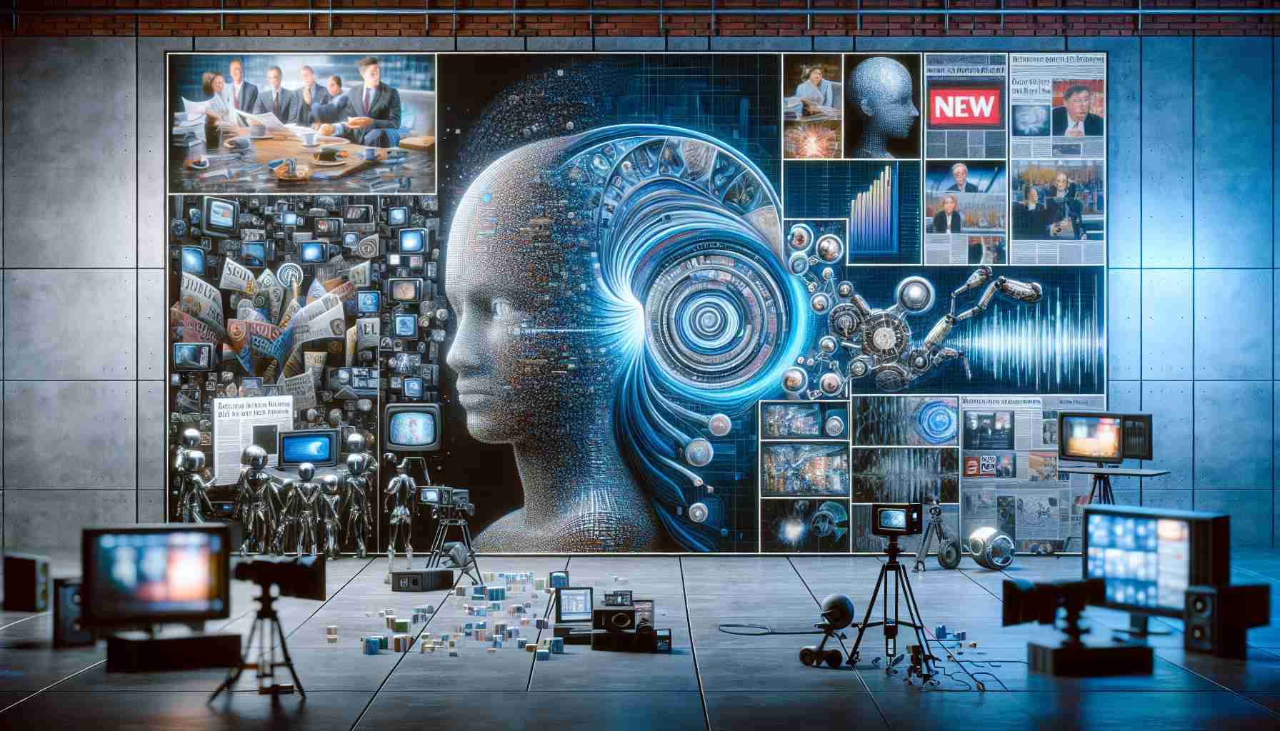 A highly detailed and realistic portrayal of the influence of generative artificial intelligence on media integrity. This may include scenes such as a digital artist using AI software to produce content, the AI examining news stories for authenticity, and the AI filtering fake information. It could also show a visual representation of before and after the insertion of AI into media, demonstrating the change in quality of the content and the reduction in misinformation. All elements should capture the significant role AI has, and continues to, play in shaping media integrity.