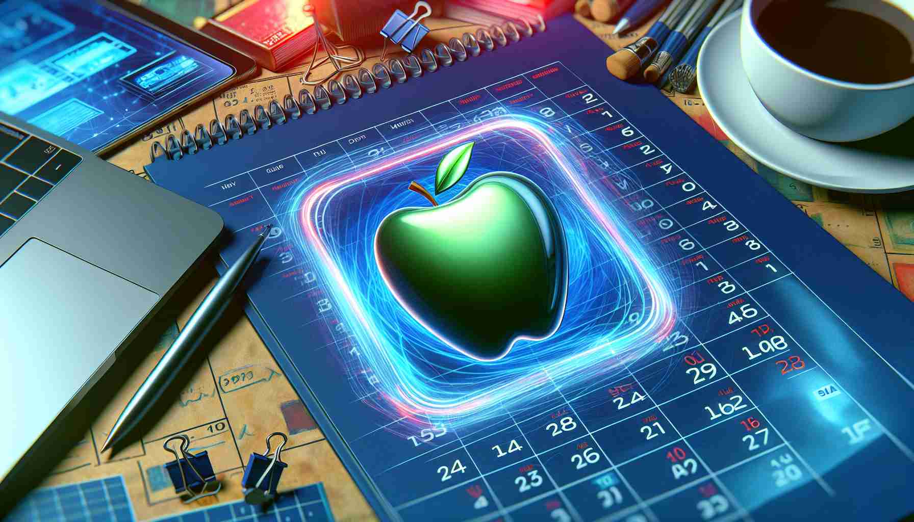 A realistic high-definition image portraying the theme of 'exciting week ahead' representing a tech company with a logo of a fruit, which is in anticipation of upcoming announcements related to their latest computing devices. The image could include hints of new tech products like laptops and desktops without revealing exact product specifics. Use a background that suggests a busy week full of meetings and product presentations, with a calendar marking the week ahead. A blend of technology and anticipation should be the major theme.