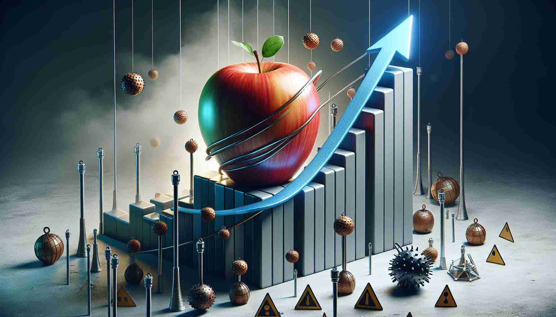 A hyper realistic high-definition image representing the concept of the challenges faced by a successful fruit company (symbolized by an apple) despite its incremental growth. The apple could be at the top of a graph showing ascending numbers, emphasizing a constant growth. However, it is also surrounded by some hurdles or barriers representing problems like competition, market saturation, or supply chain issues. The overall tone of the image should reflect a mixture of optimism (through the growing graph) and tension (through the obstacles).